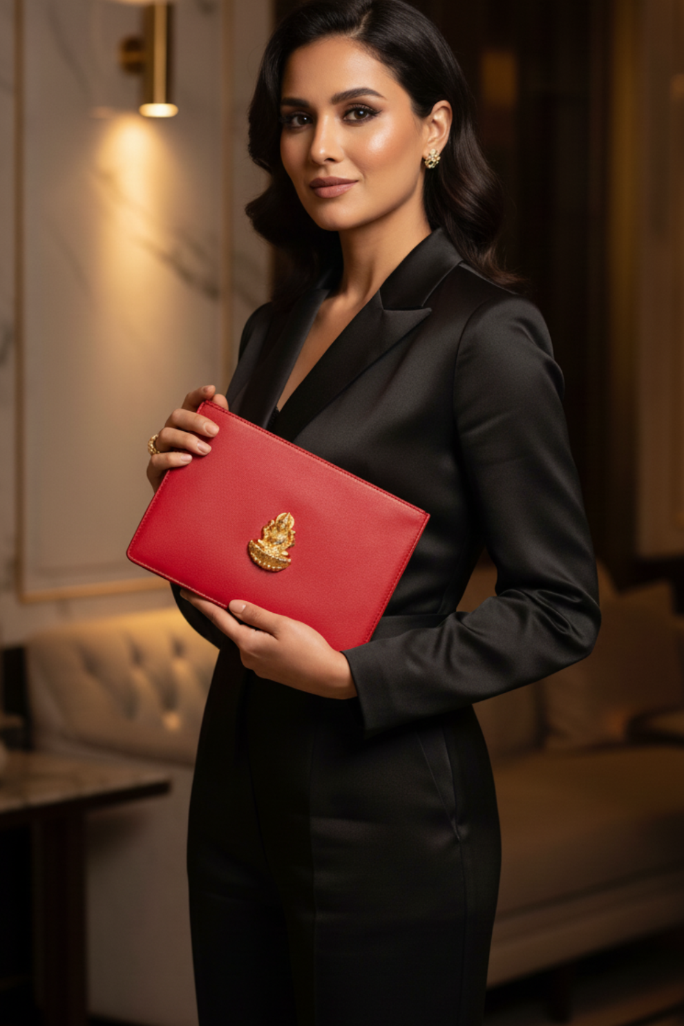 Golden Muslin Haute red genuine leather clutch with rectangular structured shape