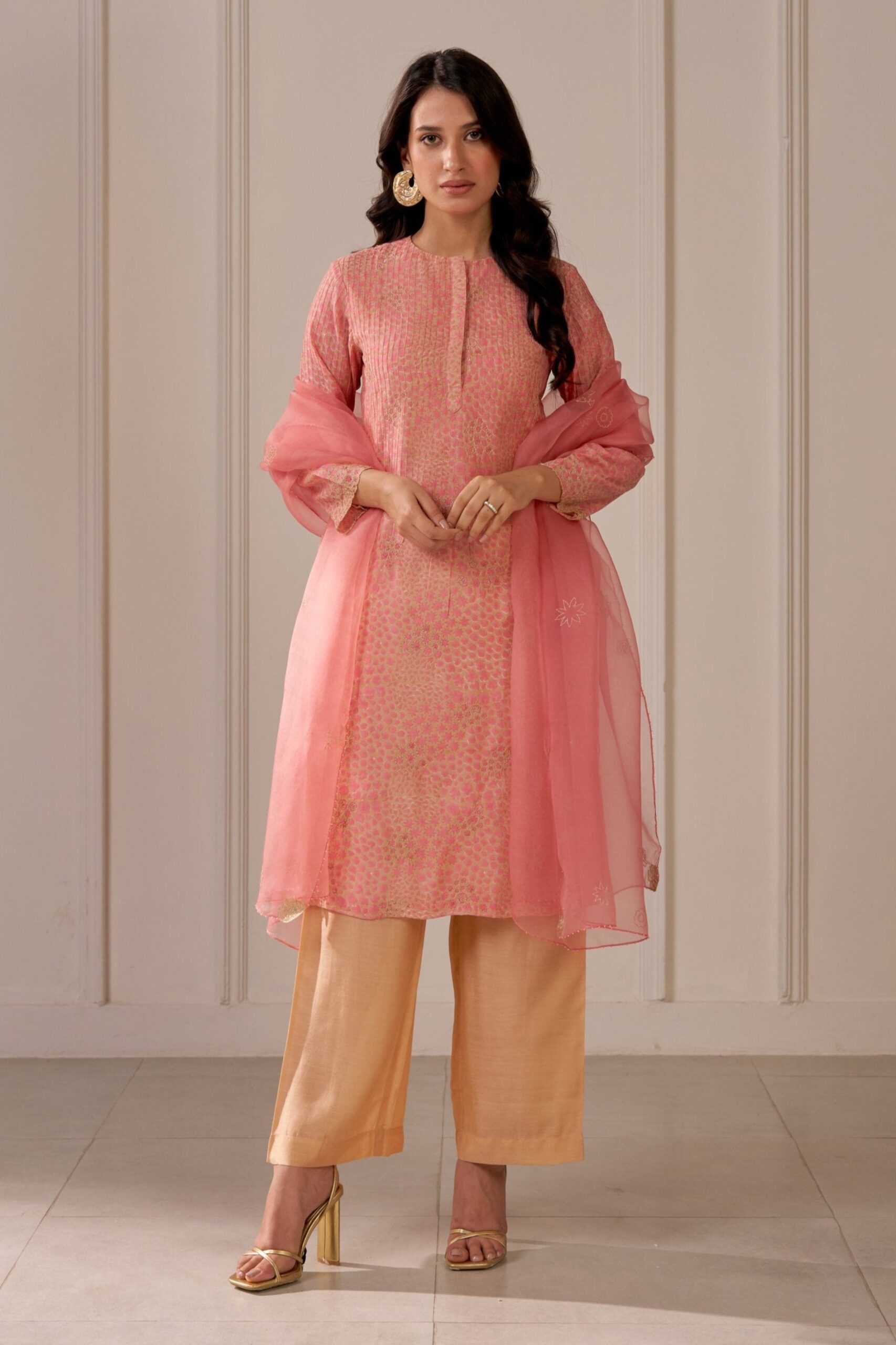 “Golden Muslin blush pink organza long straight kurta with floral zari embroidery and pin tucks
