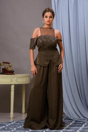 Olive green satin wide-leg jumpsuit by Vivek Kumar from Golden Muslin featuring cutdana embroidery.