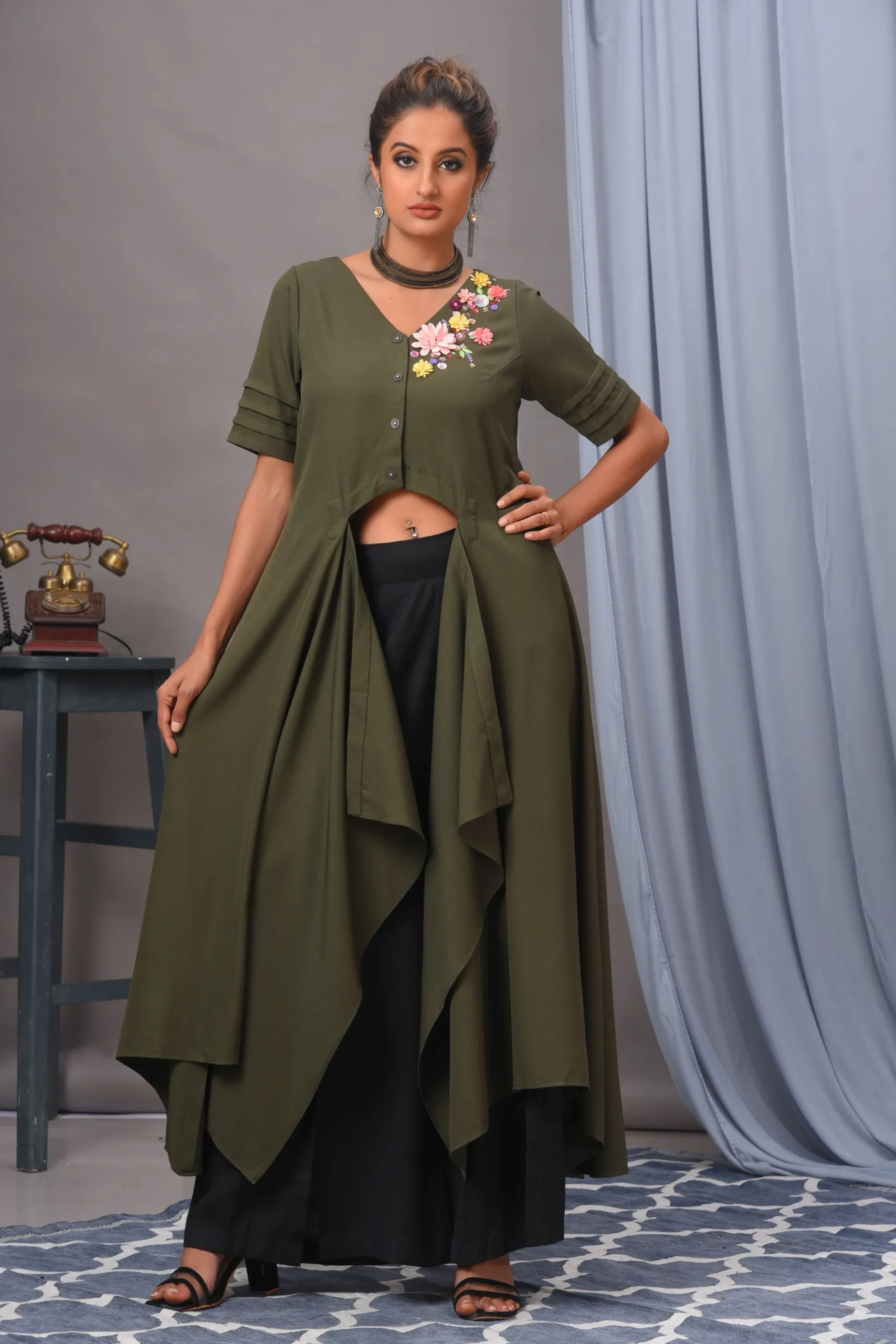 Olive green asymmetric moss crepe tunic by Vivek Kumar from Golden Muslin with 3D floral neckline.