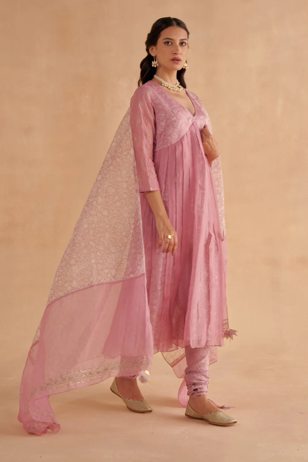 “Golden Muslin blush pink muslin silk V-neck A-line kurta with restored Chintz Zardozi and Mukaish embroidery