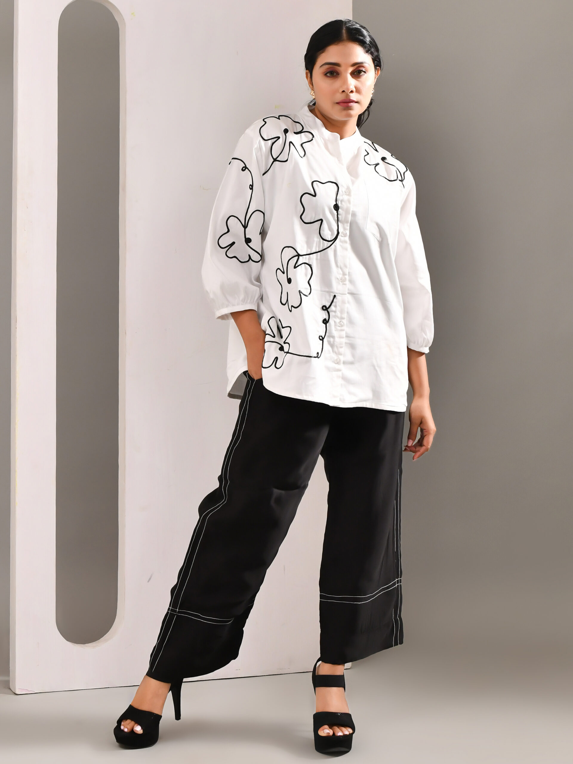 White satin shirt with Bengal-inspired Kantha embroidery and lustrous finish – Golden Muslin