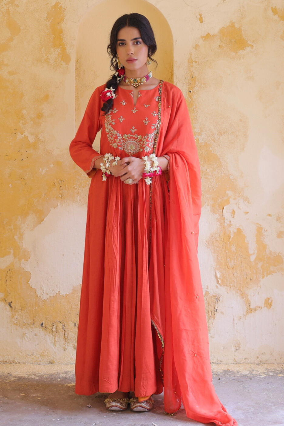 Rust orange Chanderi and organza kalidar kurta with matching dupatta by Golden Muslin