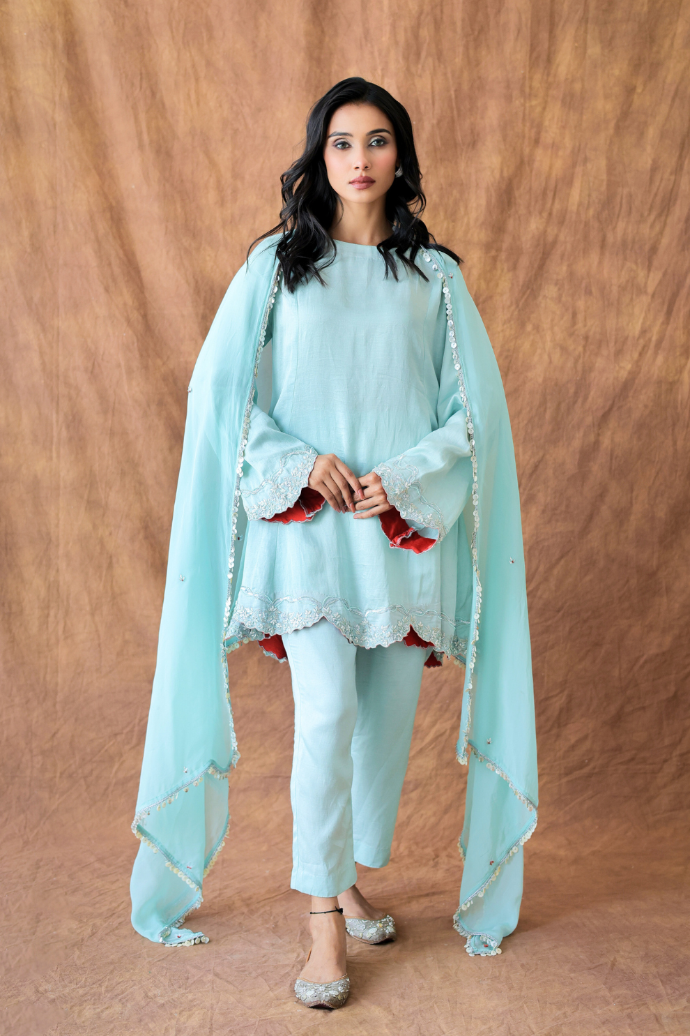 Sage green linen silk and organza kurta set by Golden Muslin featuring silver zari embroidery