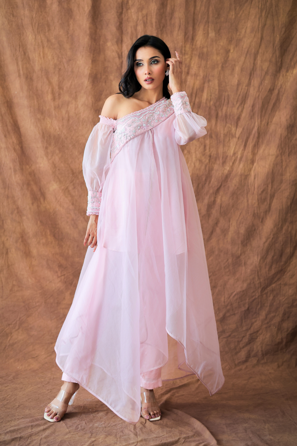 Soft baby pink cape tunic with asymmetrical hem