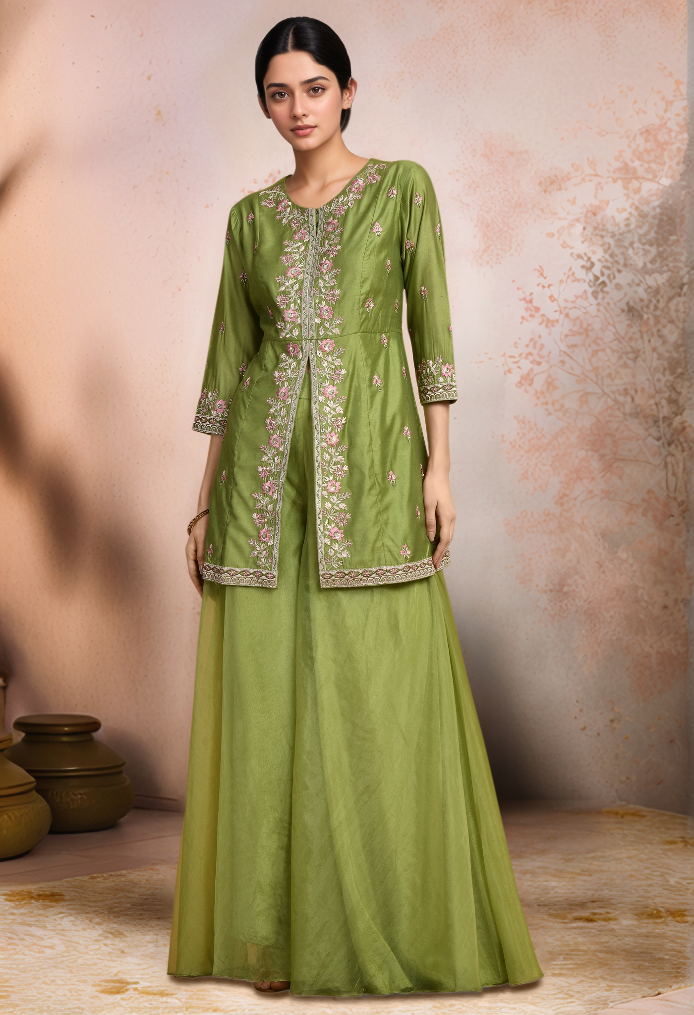 Golden Muslin green Chanderi open-front short kurta with detailed embroidery on front and sleeves, paired with matching Chanderi sharara.