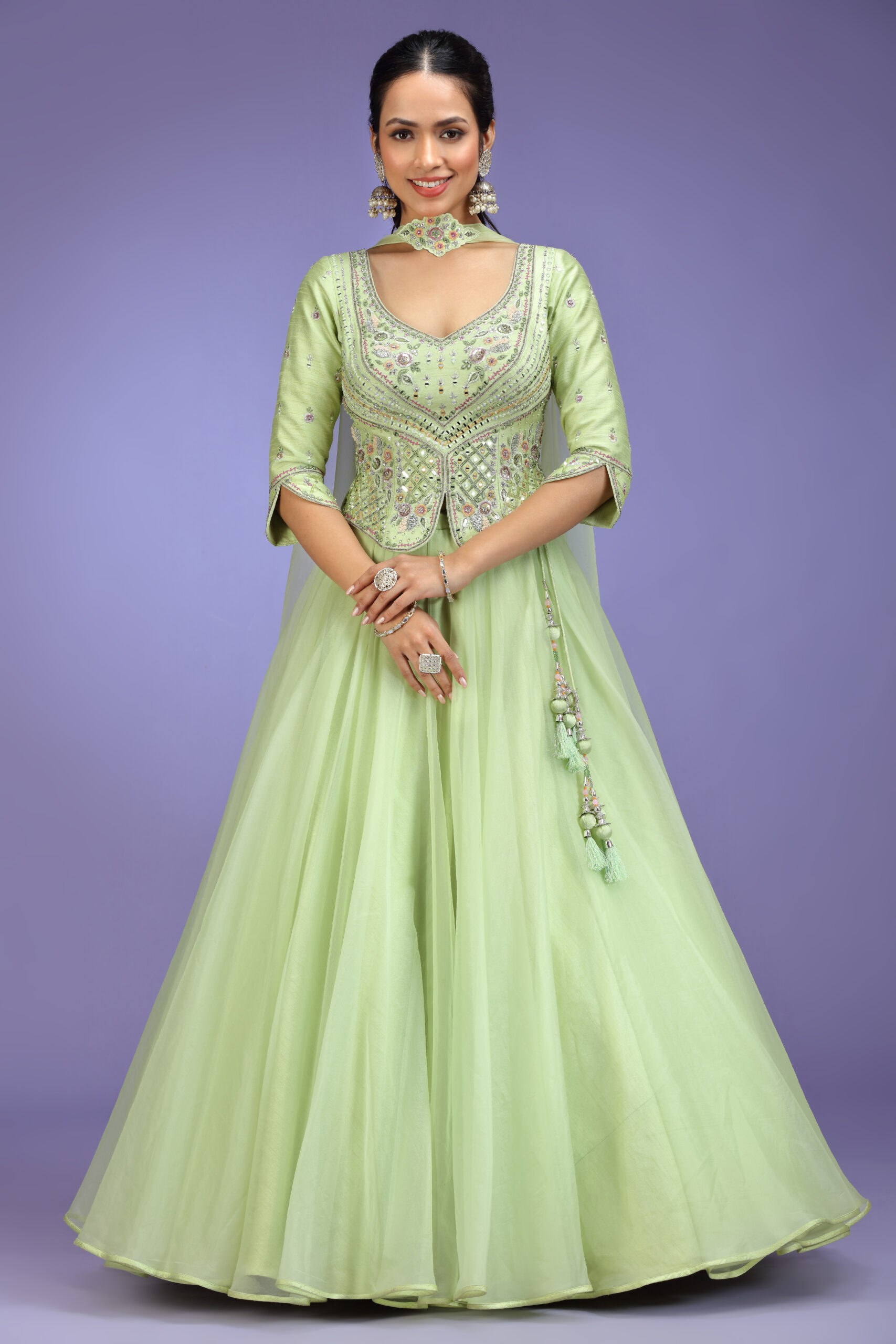 Golden Muslin mint green organza embroidered lehenga set with short-kurti blouse