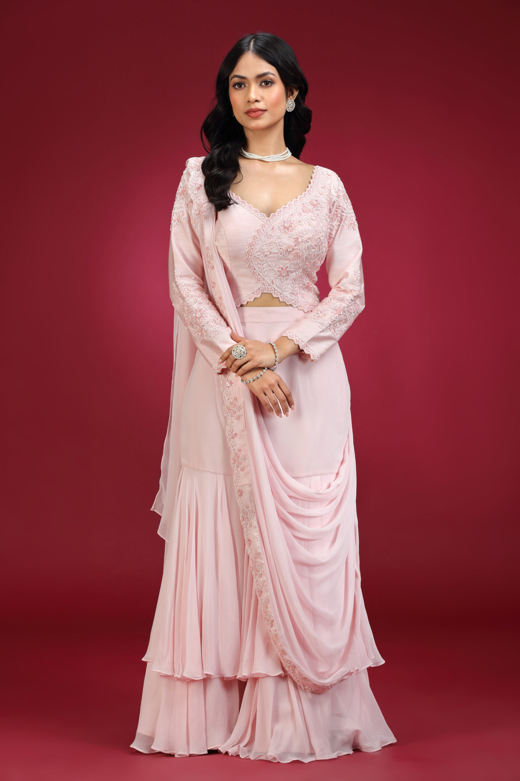 Golden Muslin baby pink georgette embroidered pre-draped saree with silk kurti-style embroidered blouse