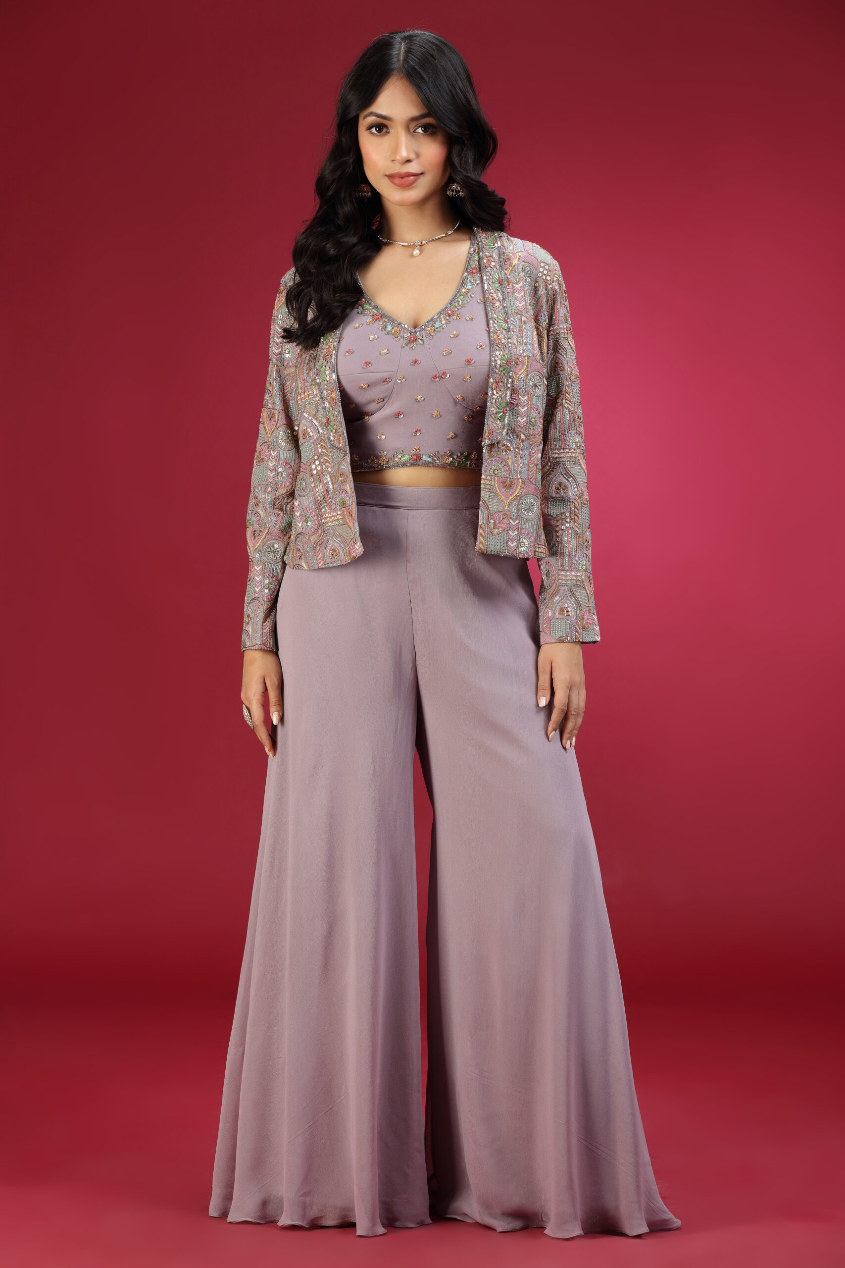 Golden Muslin lilac georgette sharara set with embroidered blouse
