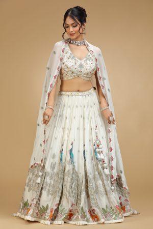Pista Green Georgette Peacock Embroidered Lehenga