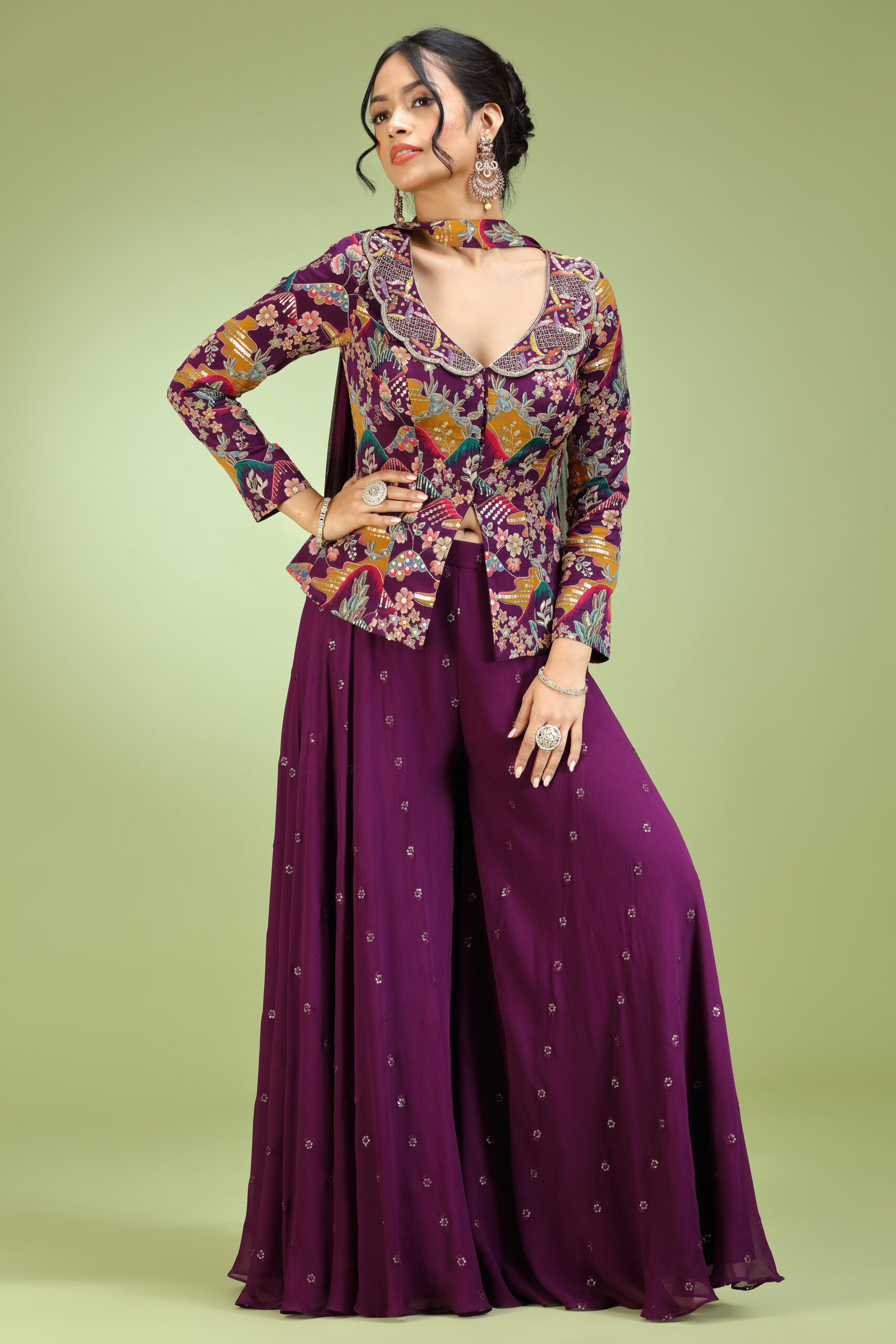 Golden Muslin purple printed embroidered georgette sharara set with viscose embroidered jacket