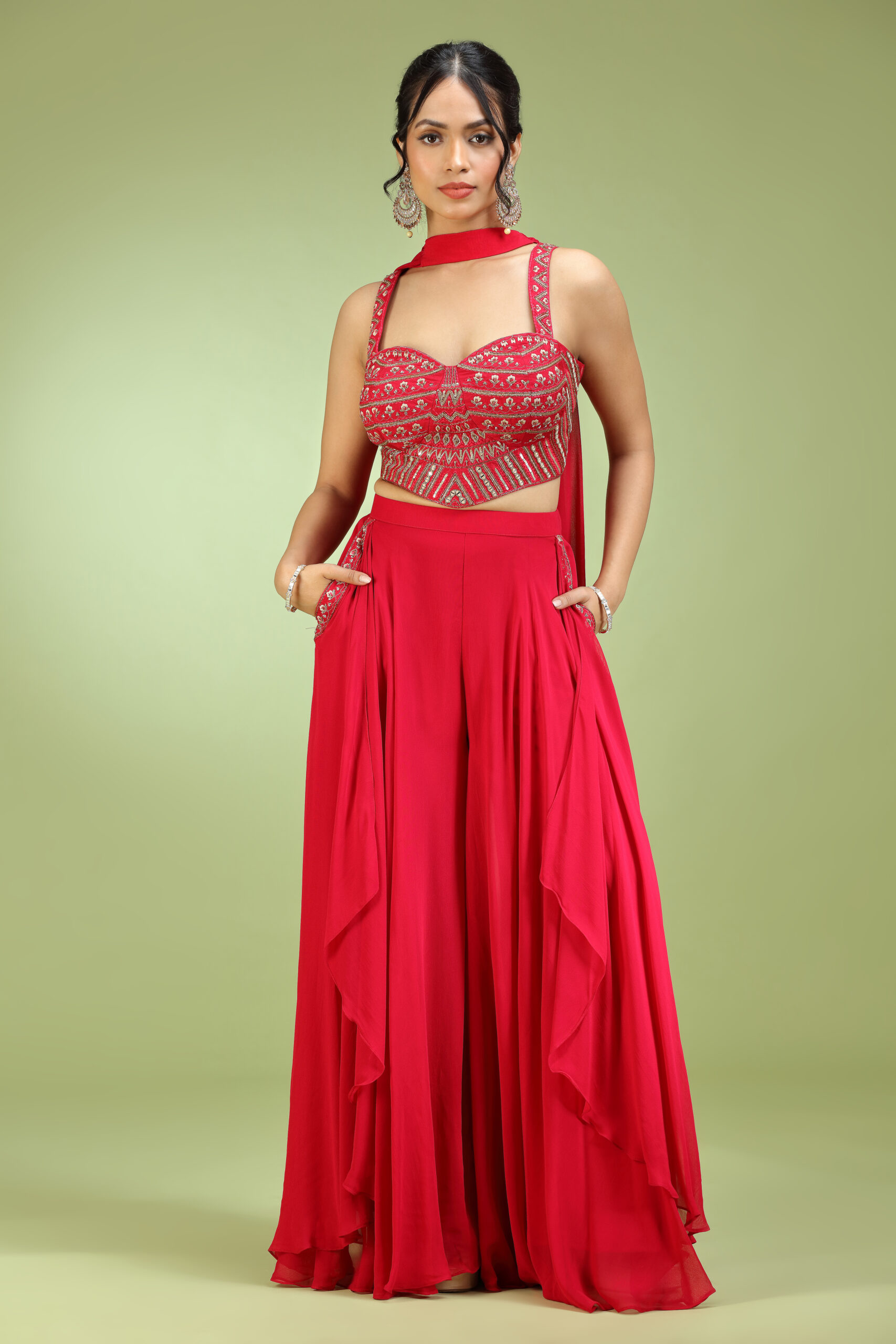 Golden Muslin red silk and georgette embroidered sharara set with strappy embroidered blouse