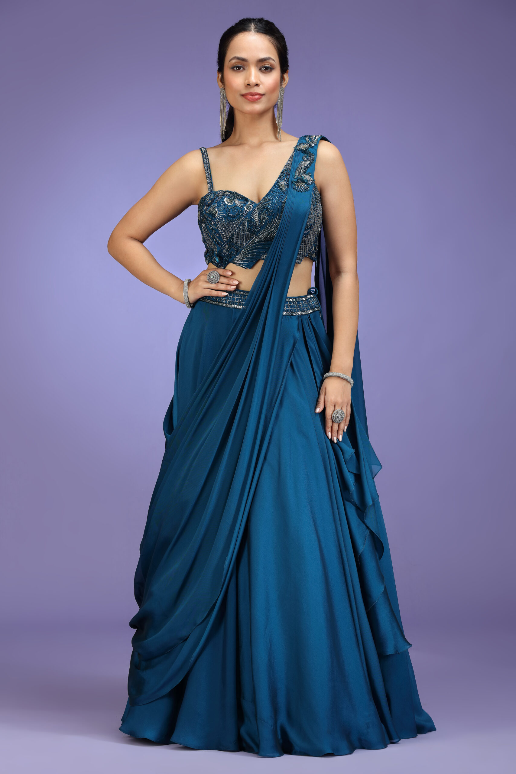 Golden Muslin navy blue poly silk embroidered draped saree with hand-embroidered strappy blouse