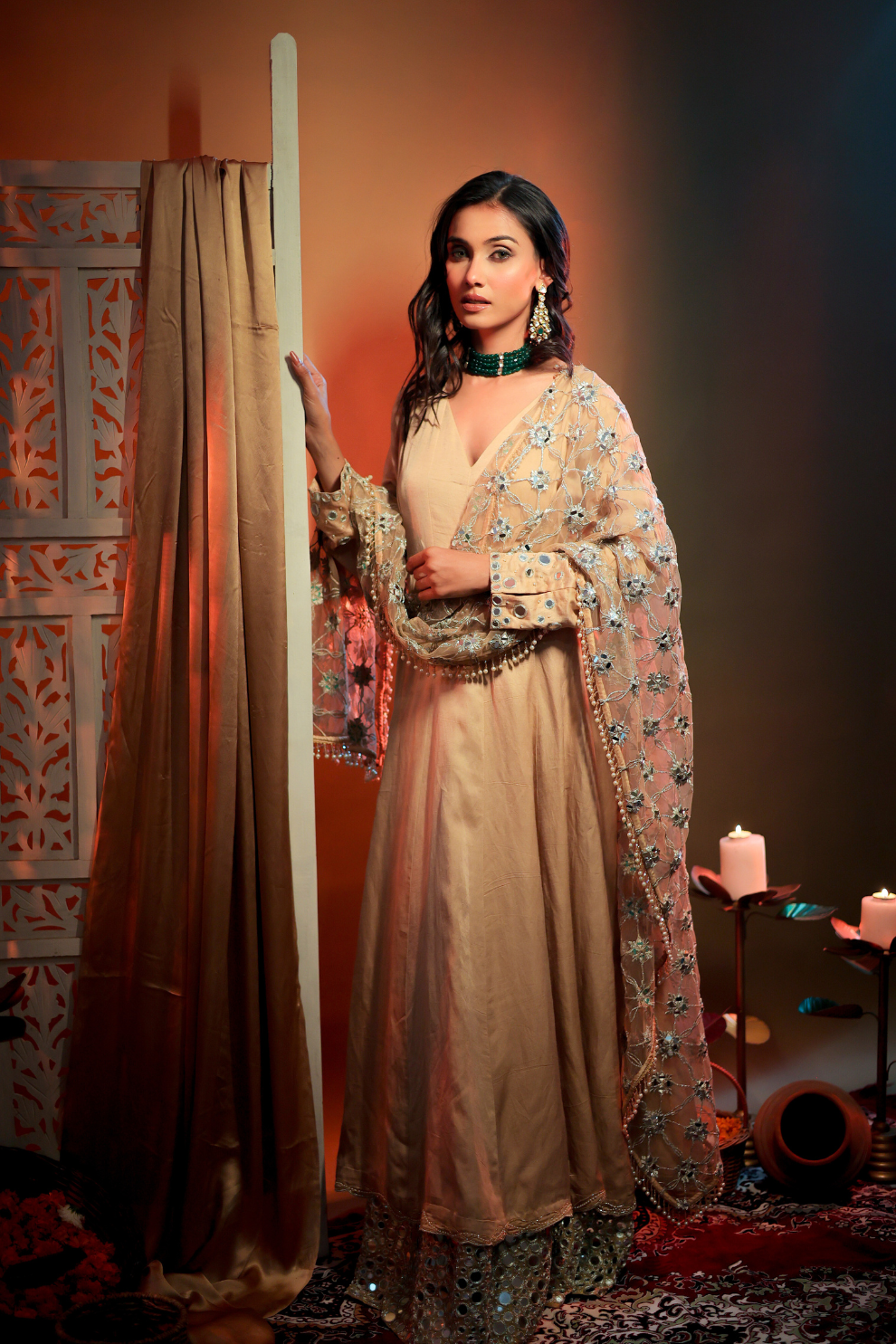 Champagne linen silk and net embroidered Anarkali kurta with mirror dupatta by Golden Muslin