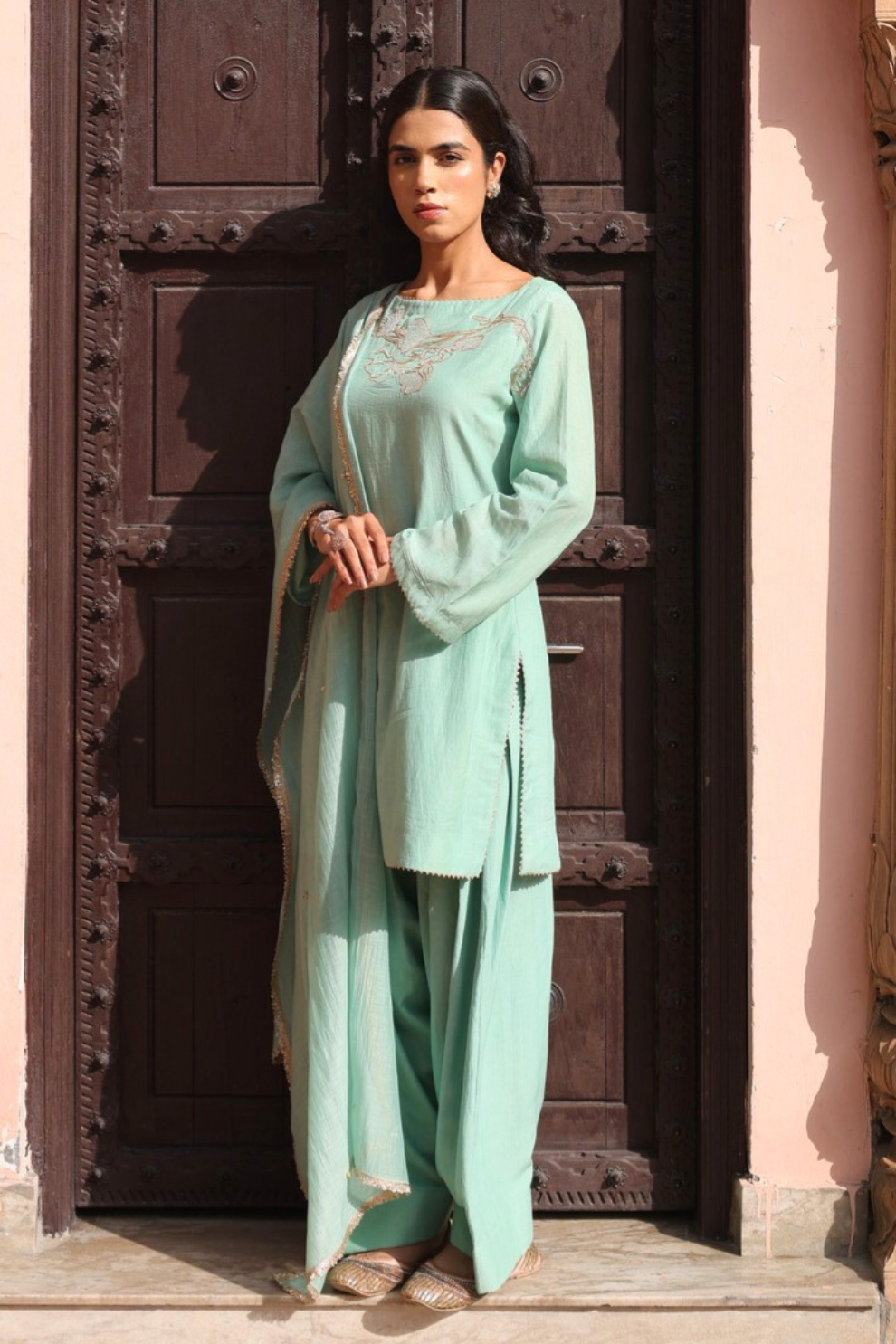 Mint green chanderi Farsi salwar suit set by Golden Muslin featuring a boat-neck embroidered straight kurta