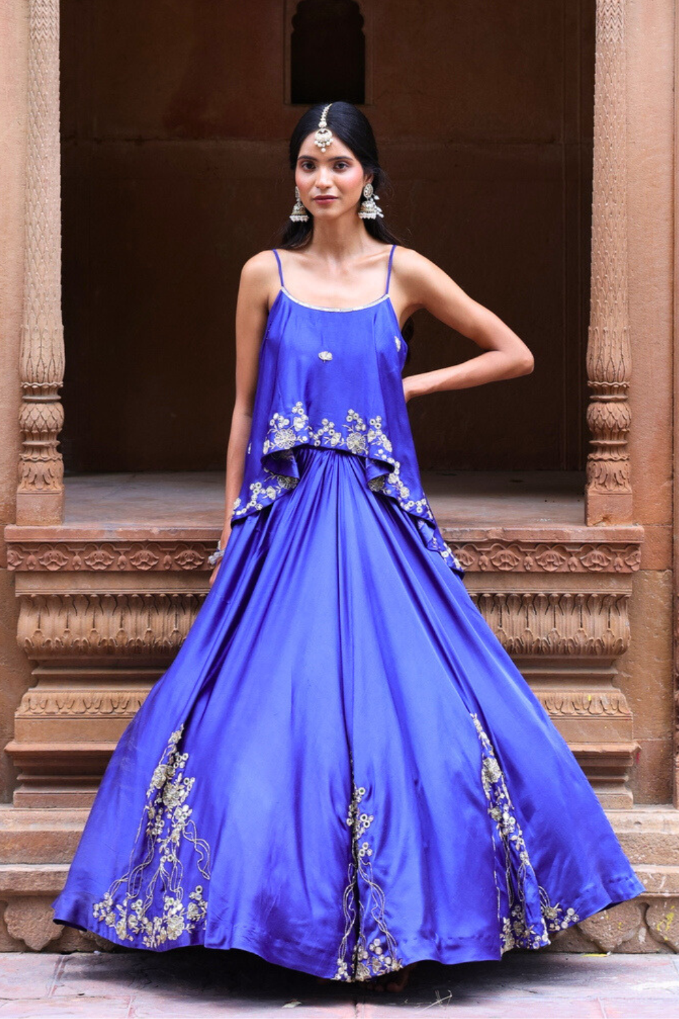 Indigo purple modal silk embroidered lehenga with asymmetrical top by Golden Muslin