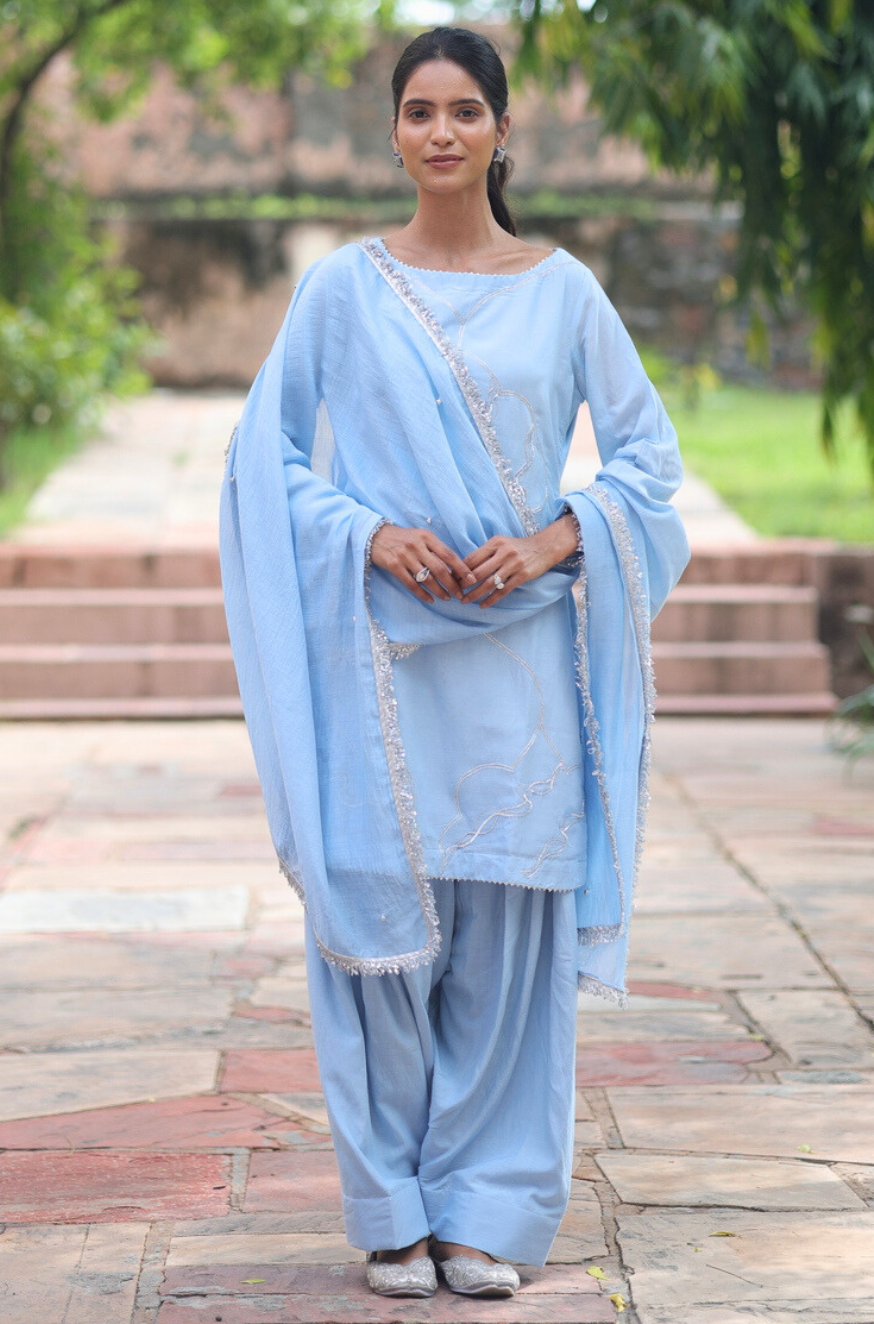 Sky blue pure mul chanderi Farsi salwar suit set by Golden Muslin featuring a boat-neck straight kurta with machine and hand embroidery