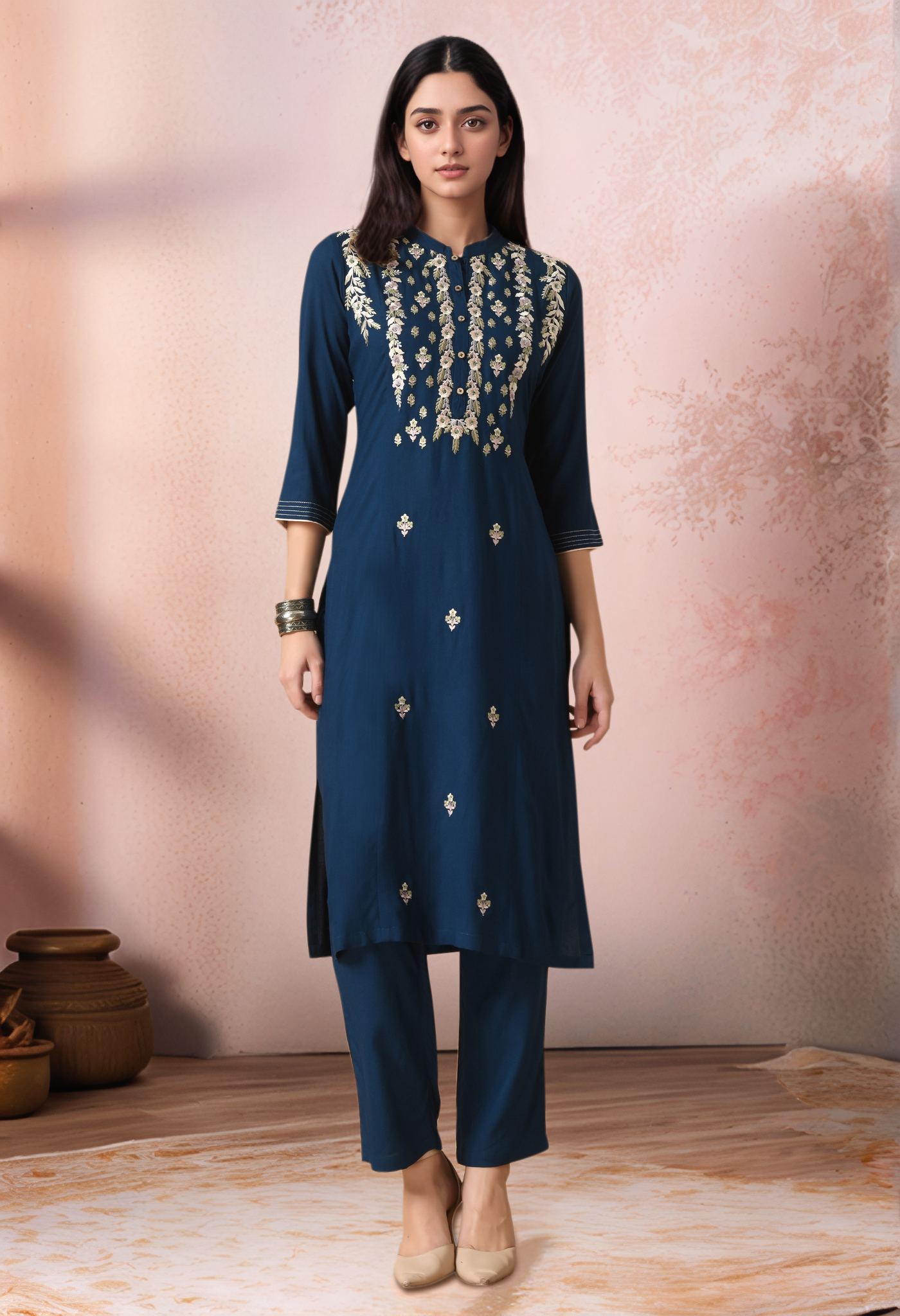 Golden Muslin navy cotton-rayon straight-fit kurta with floral embroidered yoke and mandarin collar, paired with matching straight pants.