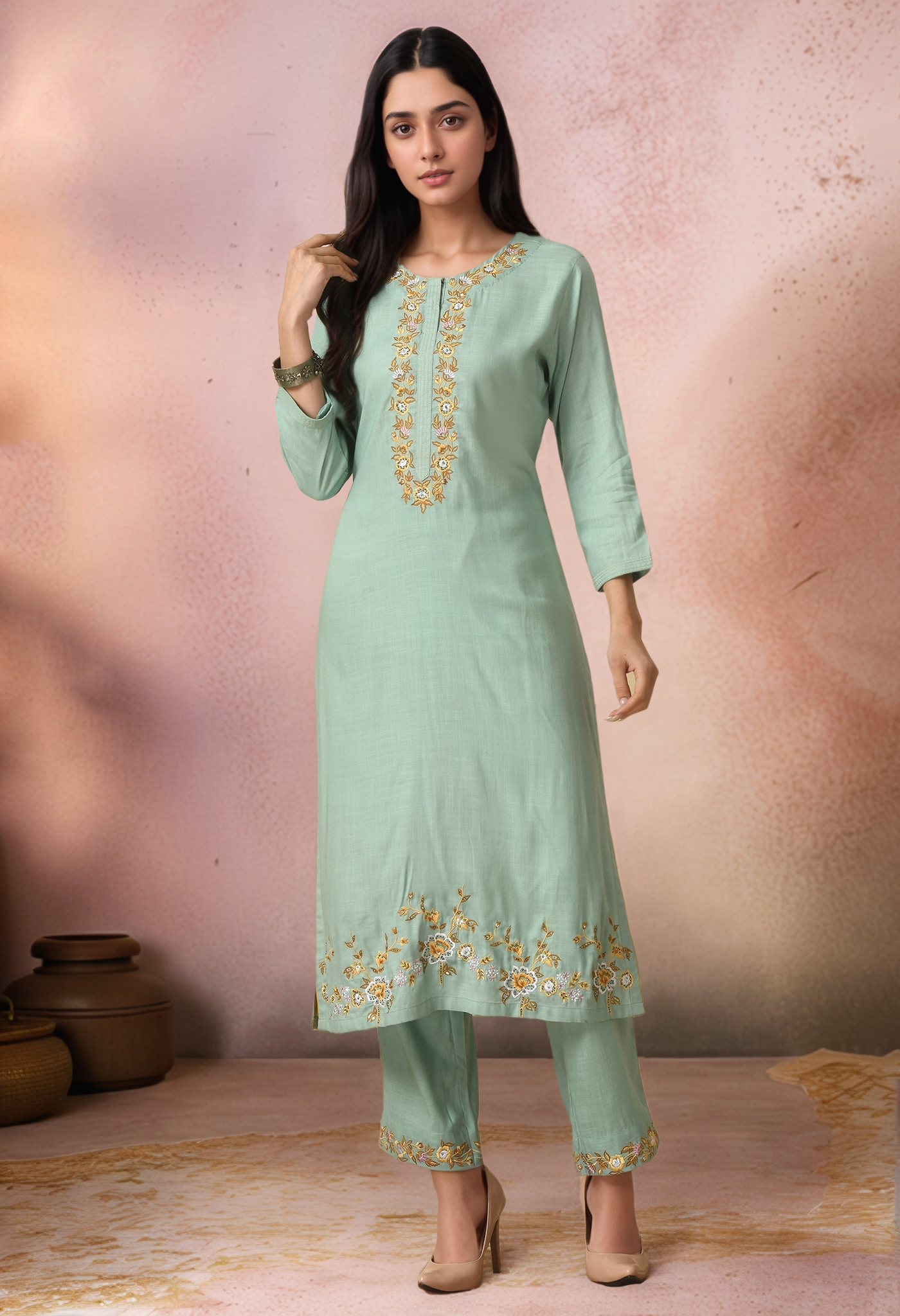 Golden Muslin blue cotton-rayon asymmetrical kurta with intricate hem embroidery, smart collar neckline, and three-quarter sleeves, paired with matching embroidered straight pants.