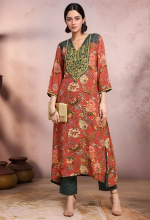 Printed red A-line long embroidered kurta set with muslin kurta, embroidered yoke, all-over red prints, and matching cotton straight pants for everyday elegance, Golden Muslin by Jhambthreads