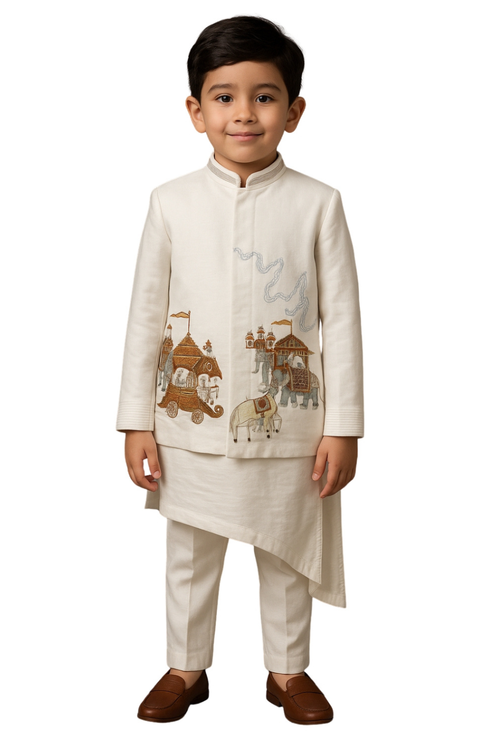 Golden Muslin ivory Bamberg silk Nehru jacket set with royal procession embroidery featuring elephants