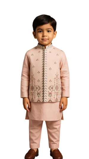 Golden Muslin blush pink linen satin Nehru jacket set with tribal geometric embroidery and matching kurta and malai cotton pants.