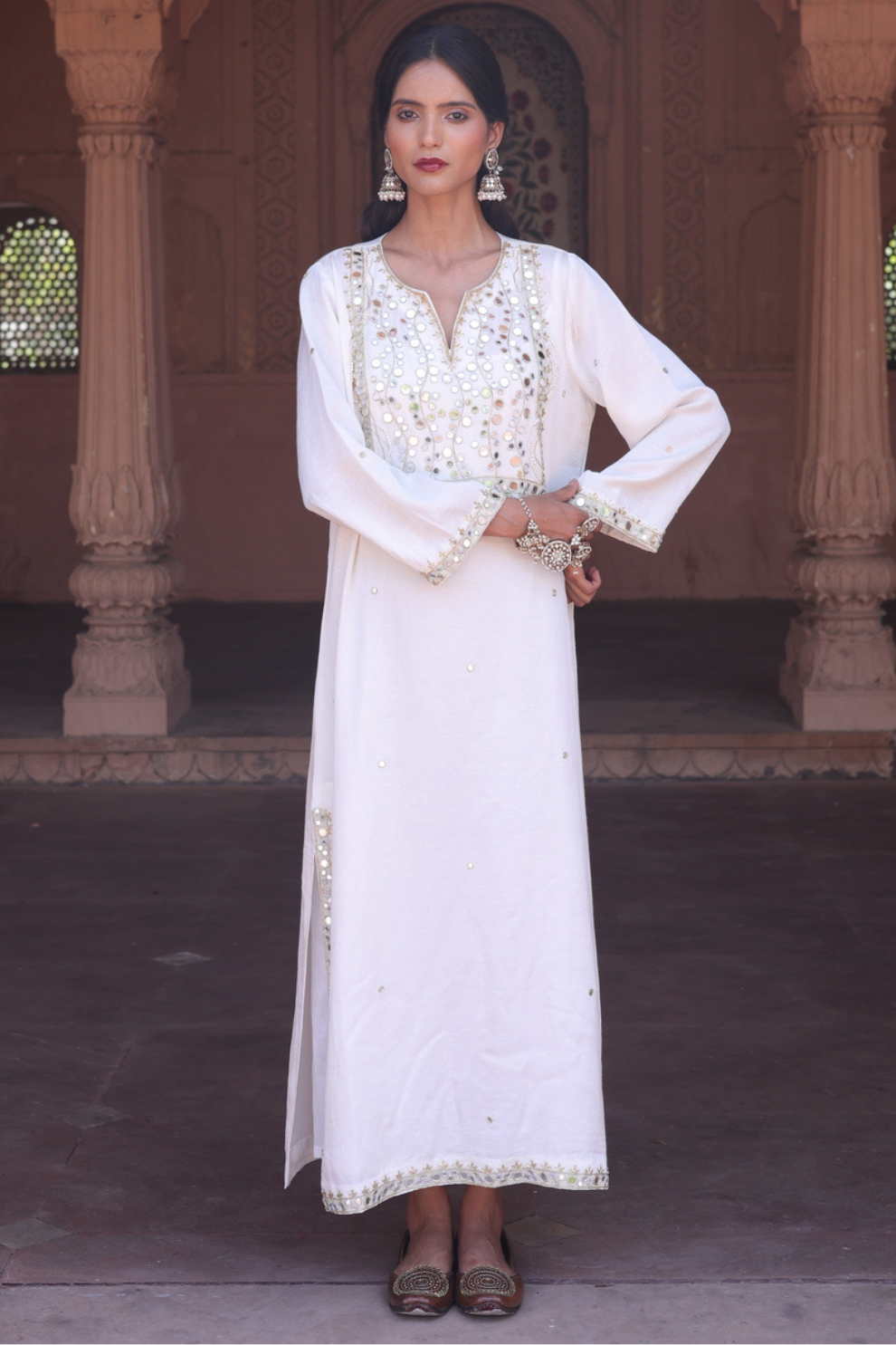 Off-white long kurta with embellished yoke