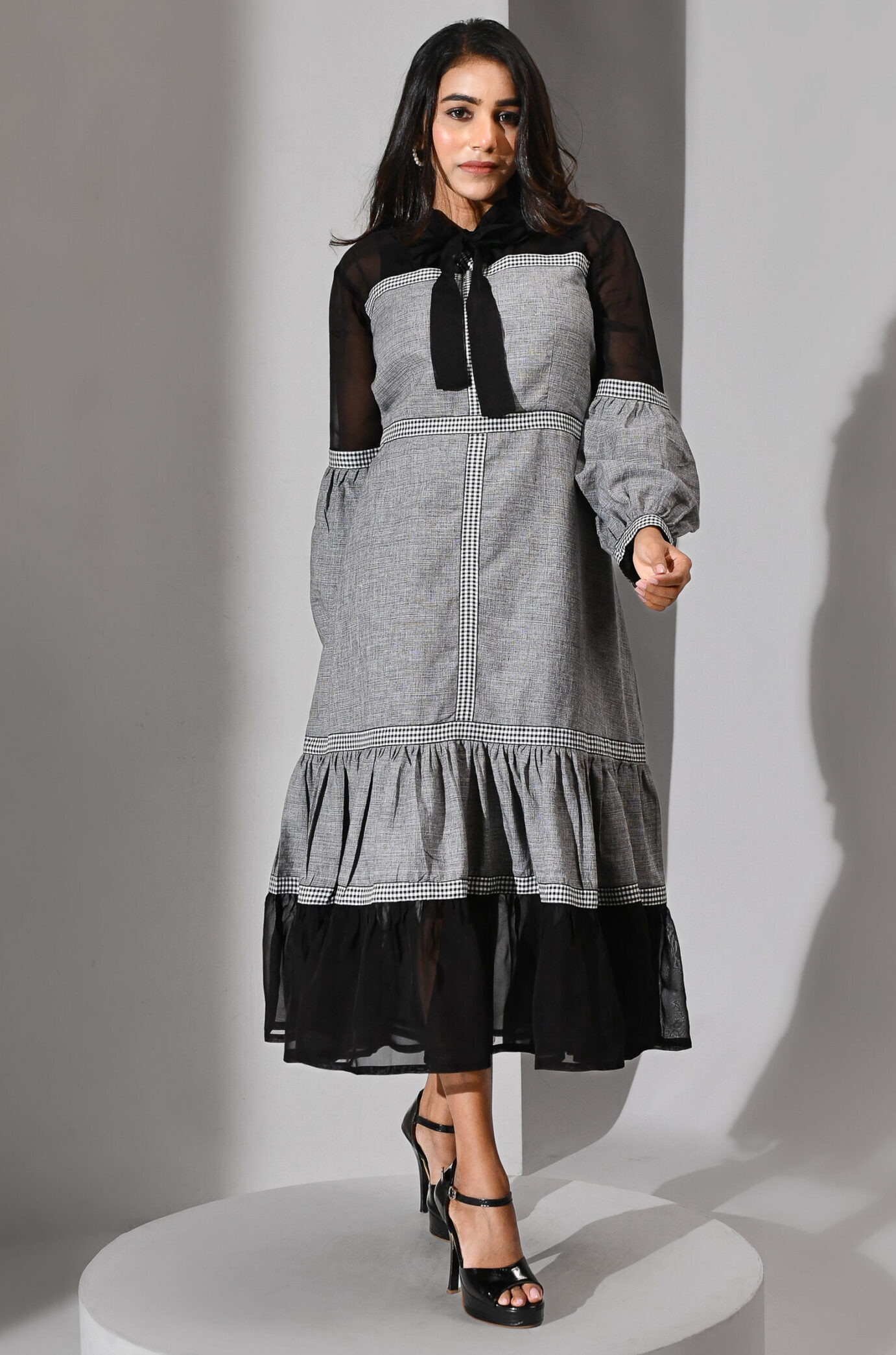 Grey cotton and black organza dress with gingham lace and sheer geometric detailing – Golden Muslin