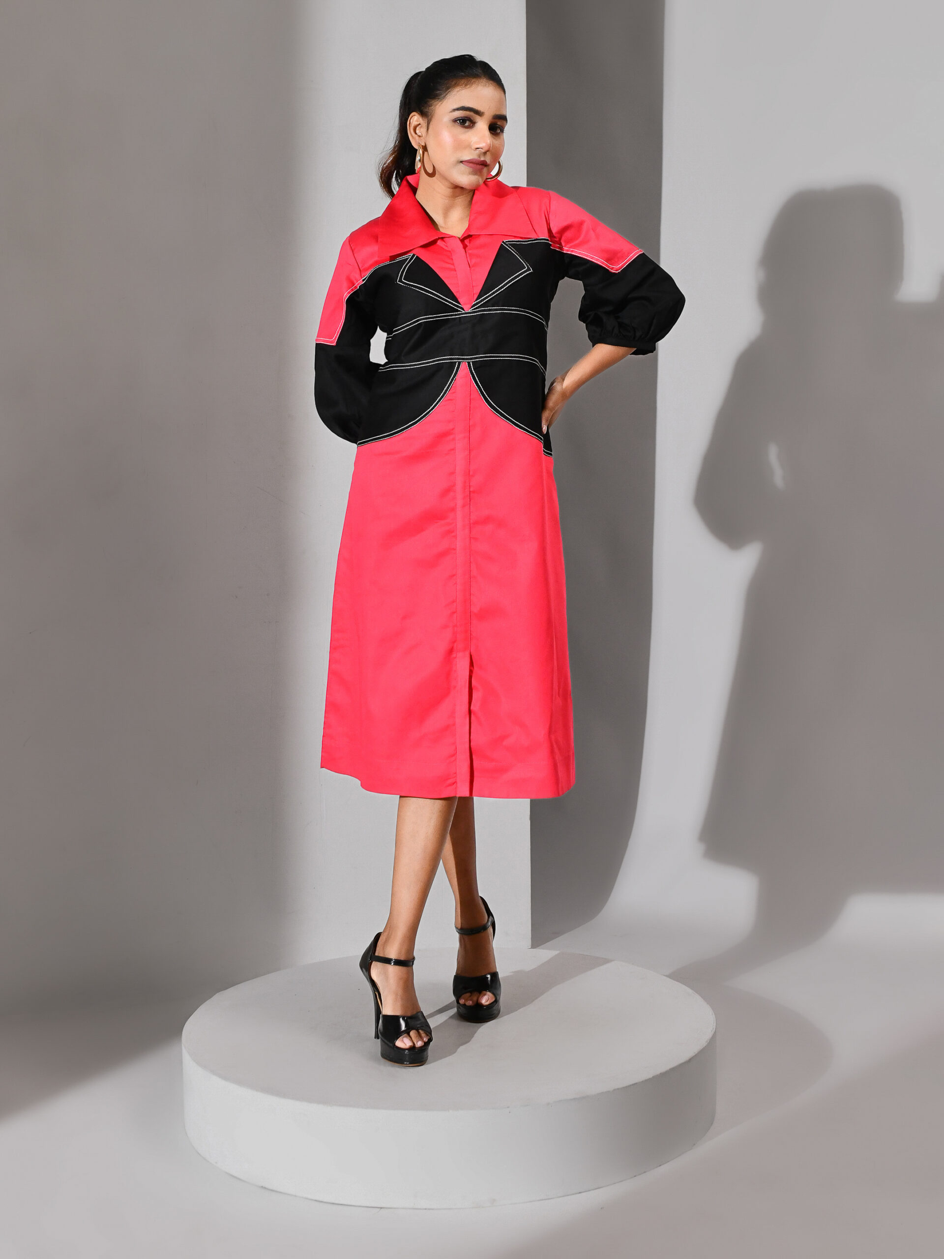 Golden Muslin pink and black cotton dress with contrasting black yoke