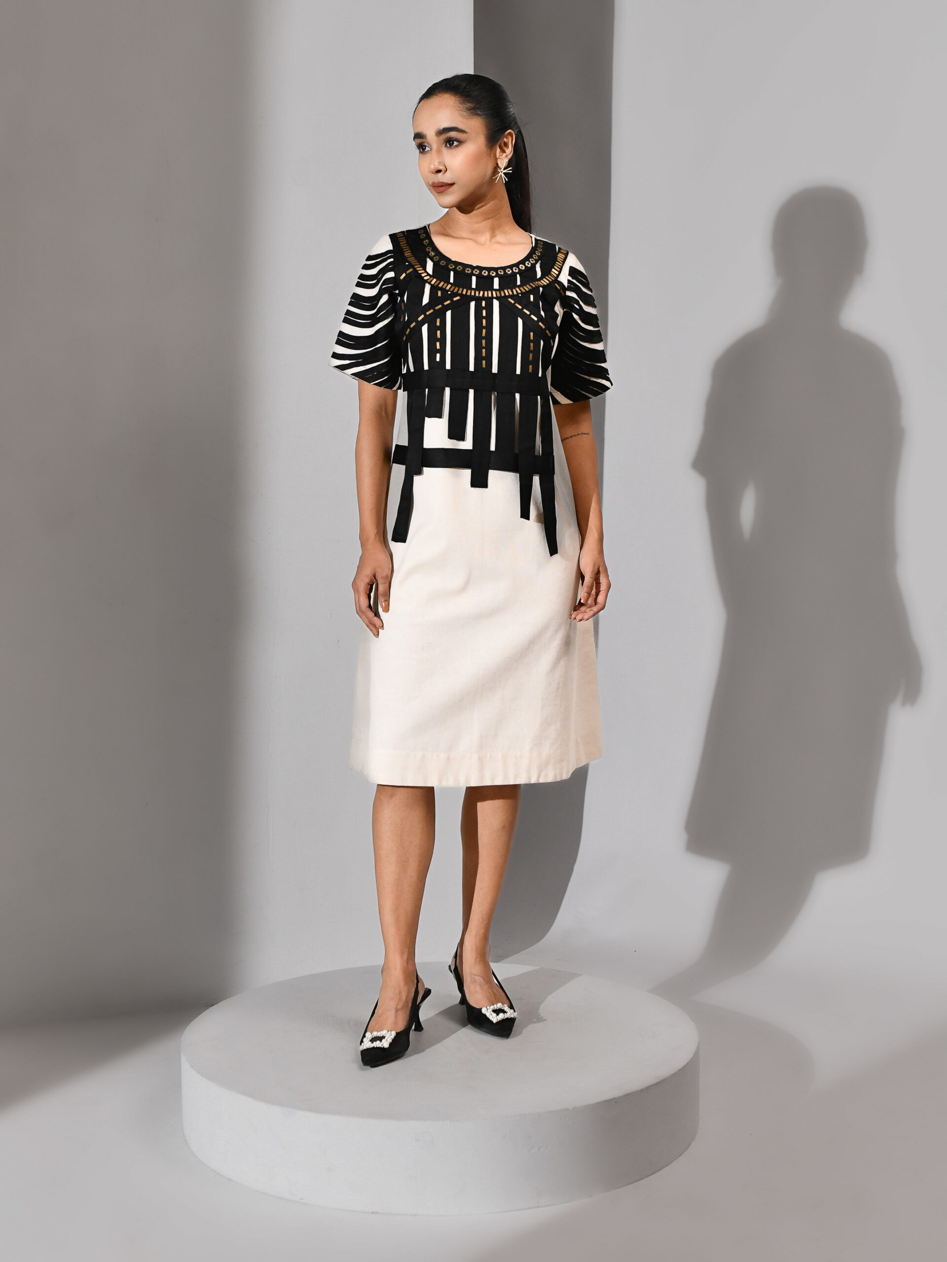 Golden Muslin off-white handloom cotton dress with black patti detailing