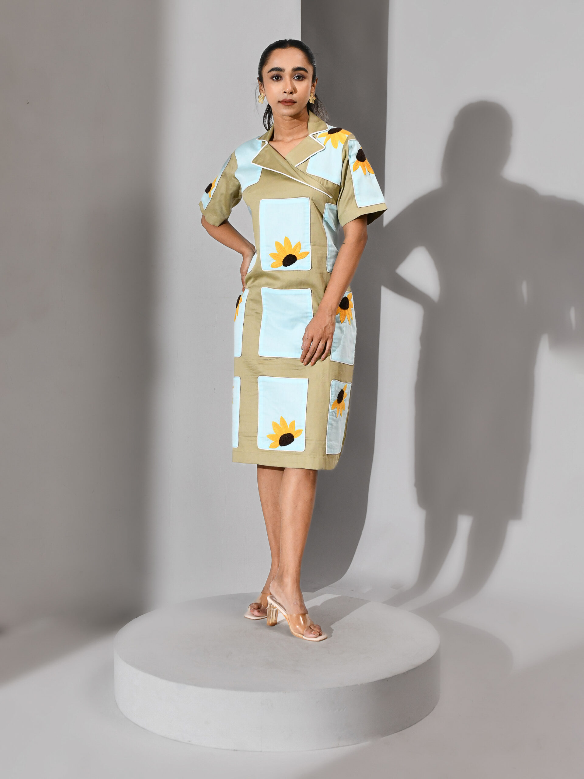 Beige and ice blue cotton dress with lapel collar and sunflower-embroidered front patch – Golden Muslin
