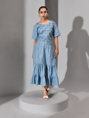 Denim blue cotton co-ord set with bow-detailed top