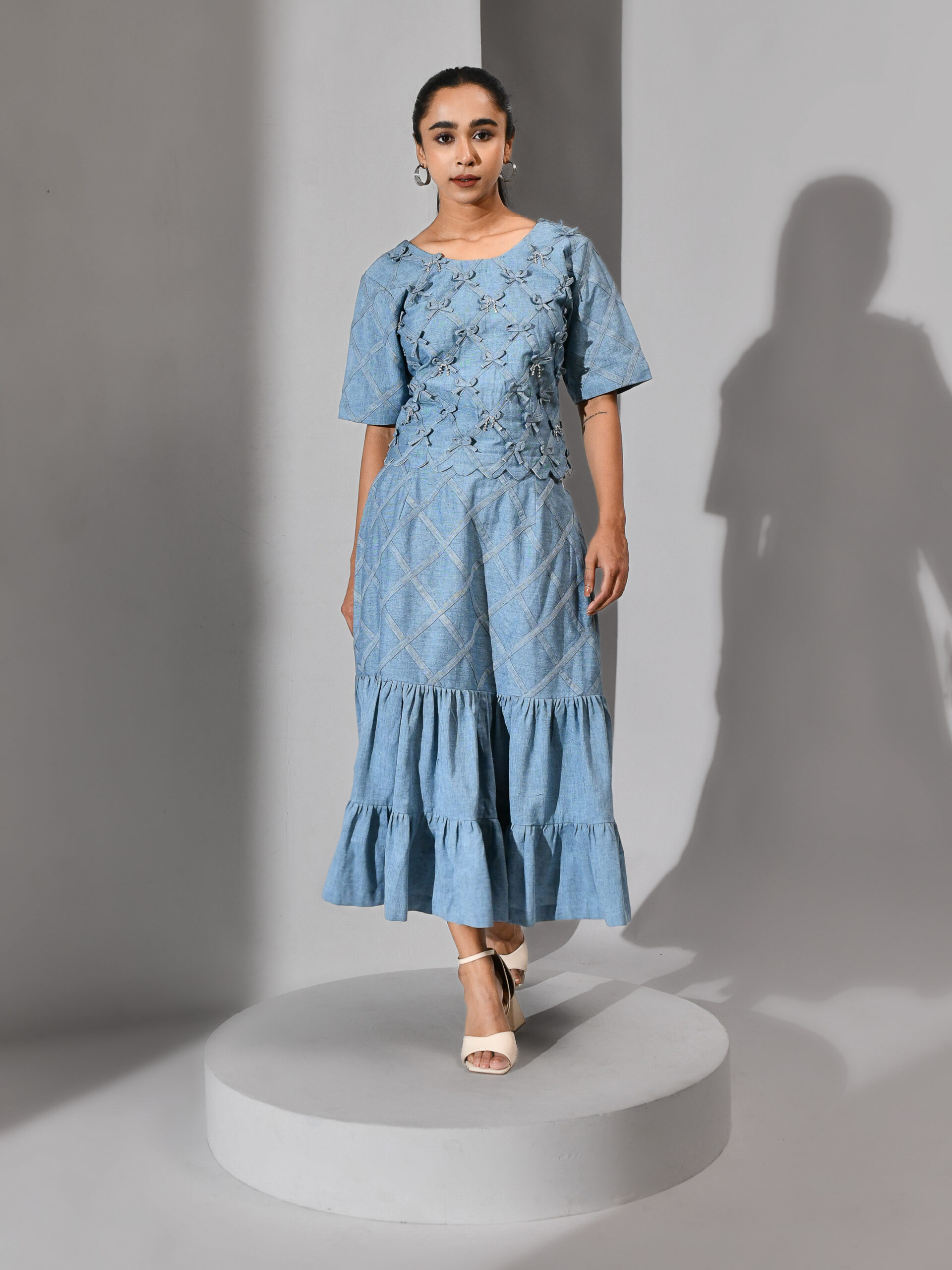 Denim blue cotton co-ord set with bow-detailed top