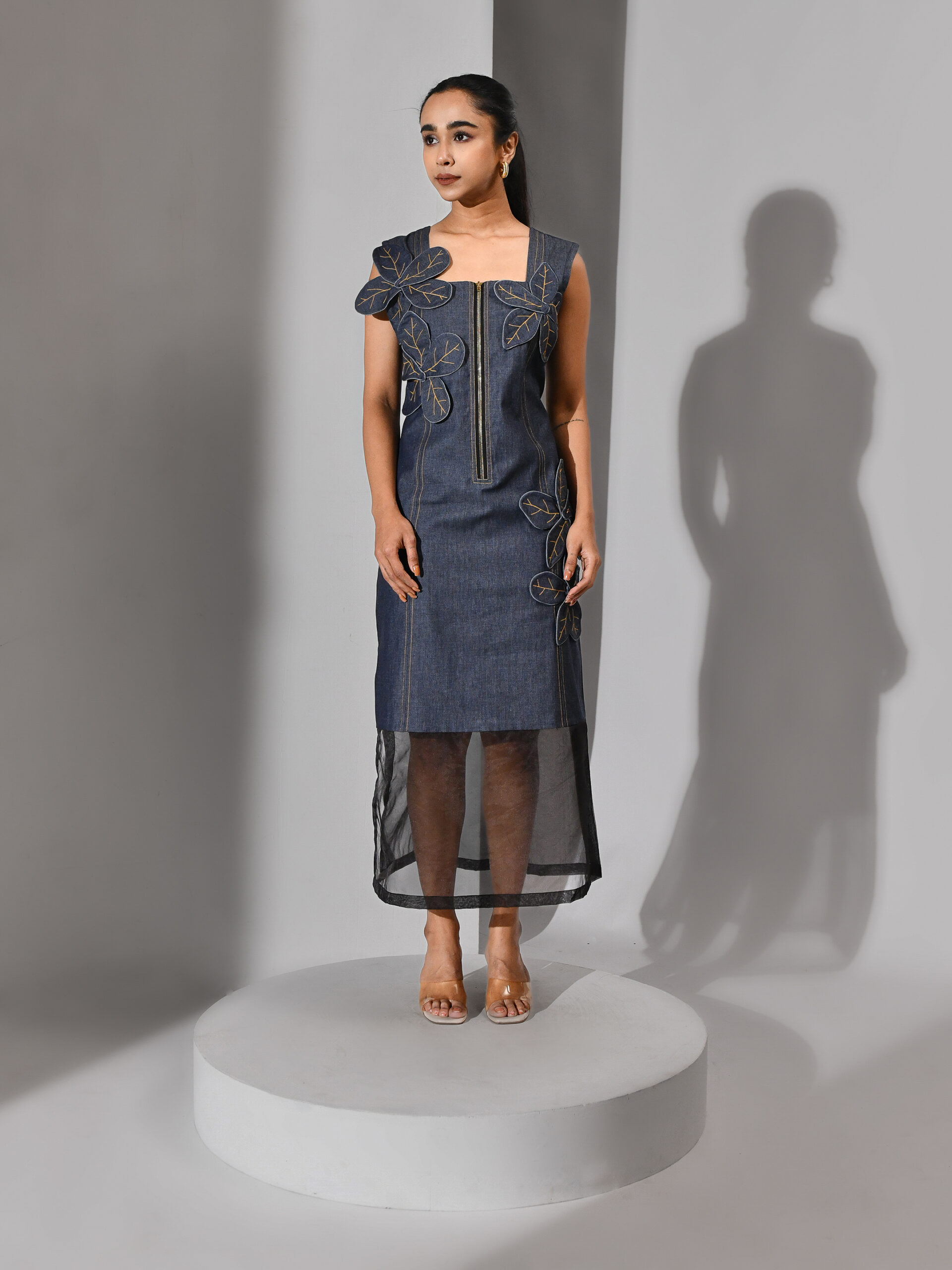 Blue denim dress with tonal denim flower appliqué and sheer organza bottom panel – Golden Muslin