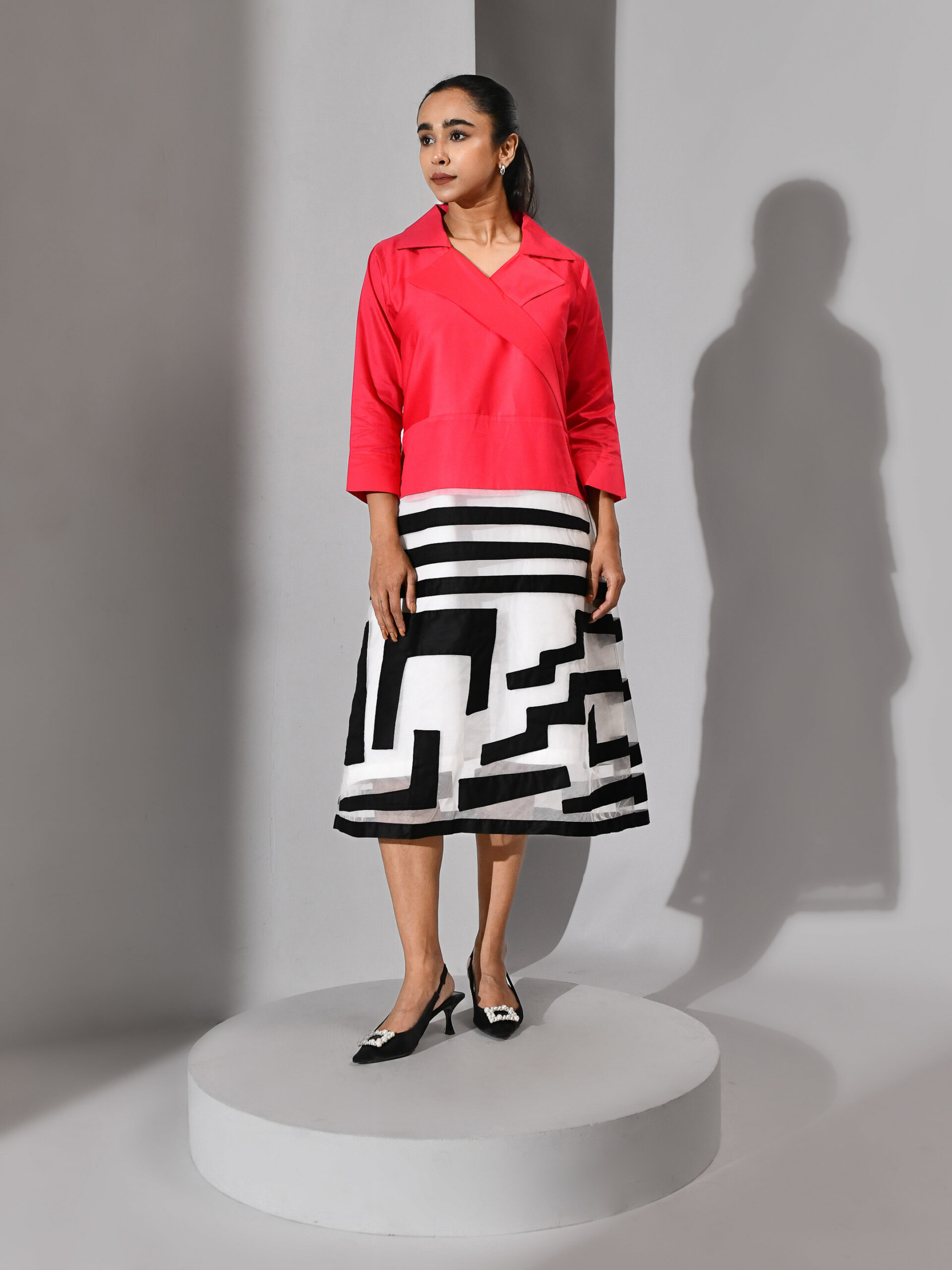 Pink and white cotton–organza dress with collared pink bodice