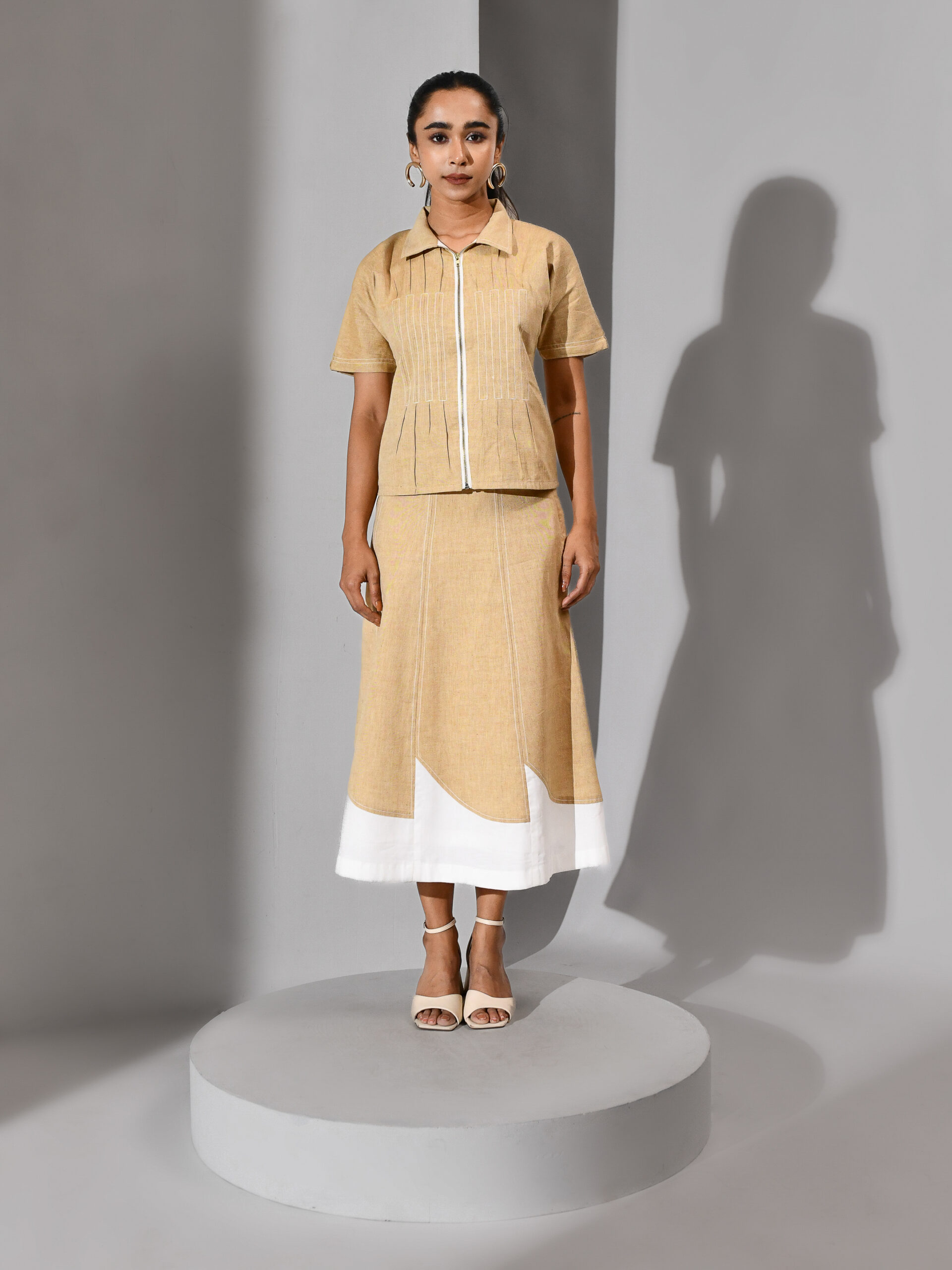 Butter yellow co-ord set with inverted-pleated top and flowing skirt – Golden Muslin