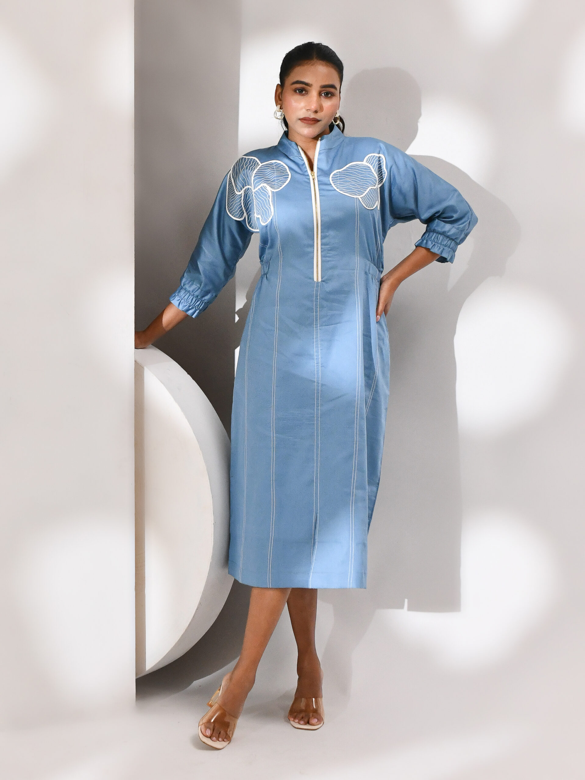 Dusty blue cotton dress with elasticated waist and sleeves