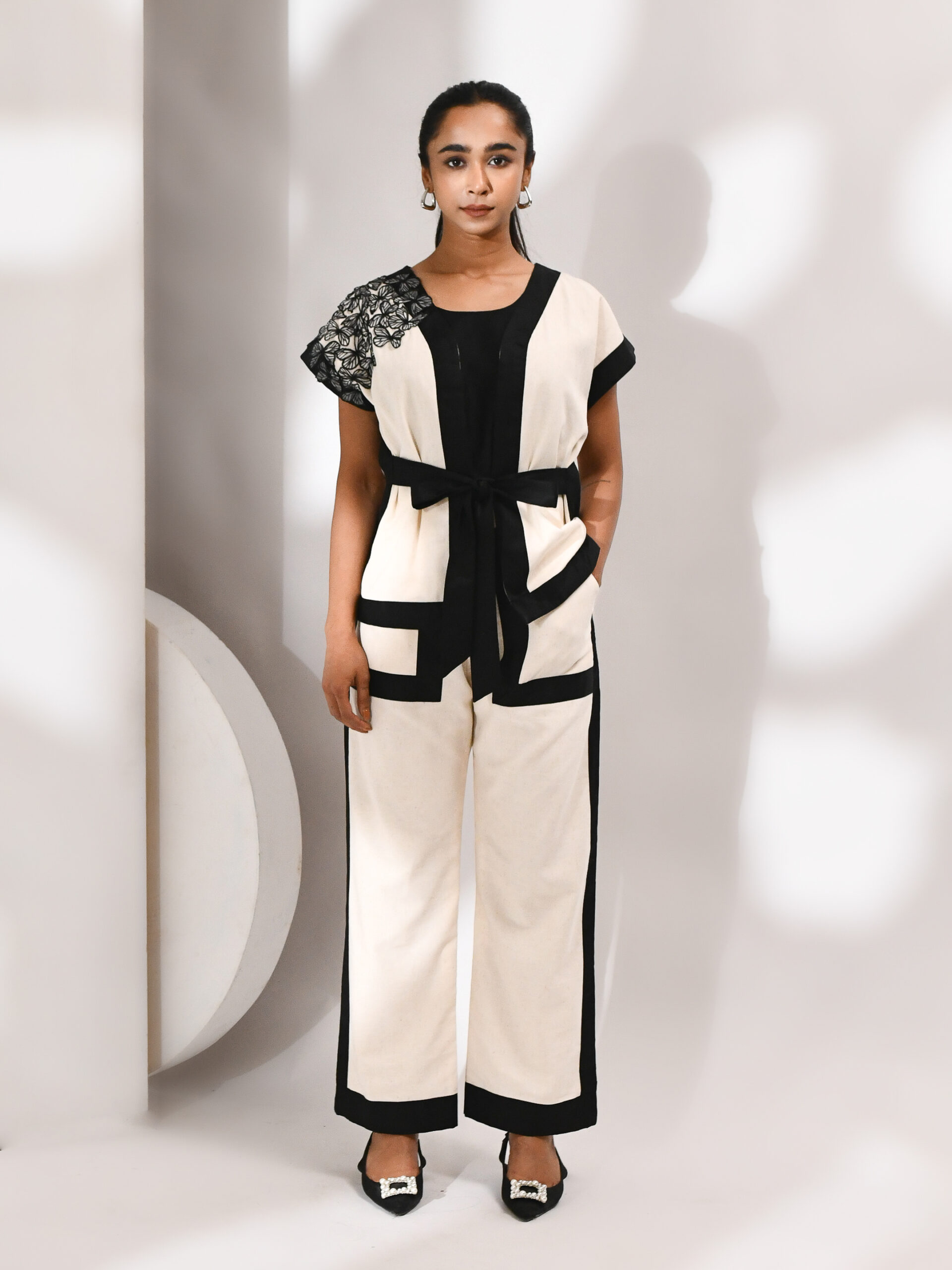 Off-white two-piece cotton co-ord set with embroidered butterfly patch detailing – Golden Muslin