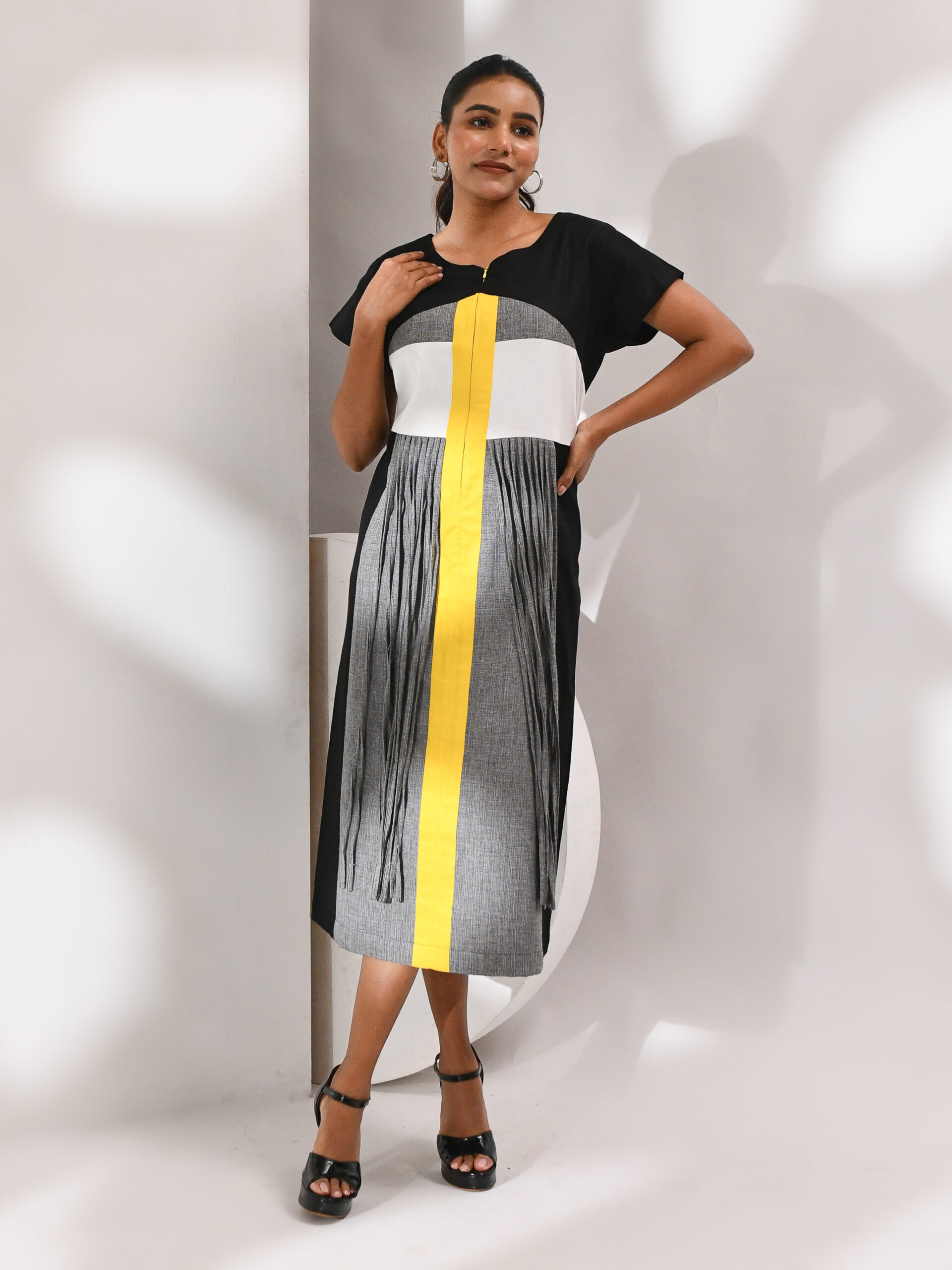 Black and grey cotton dress with lime accents and tassel detailing – Golden Muslin