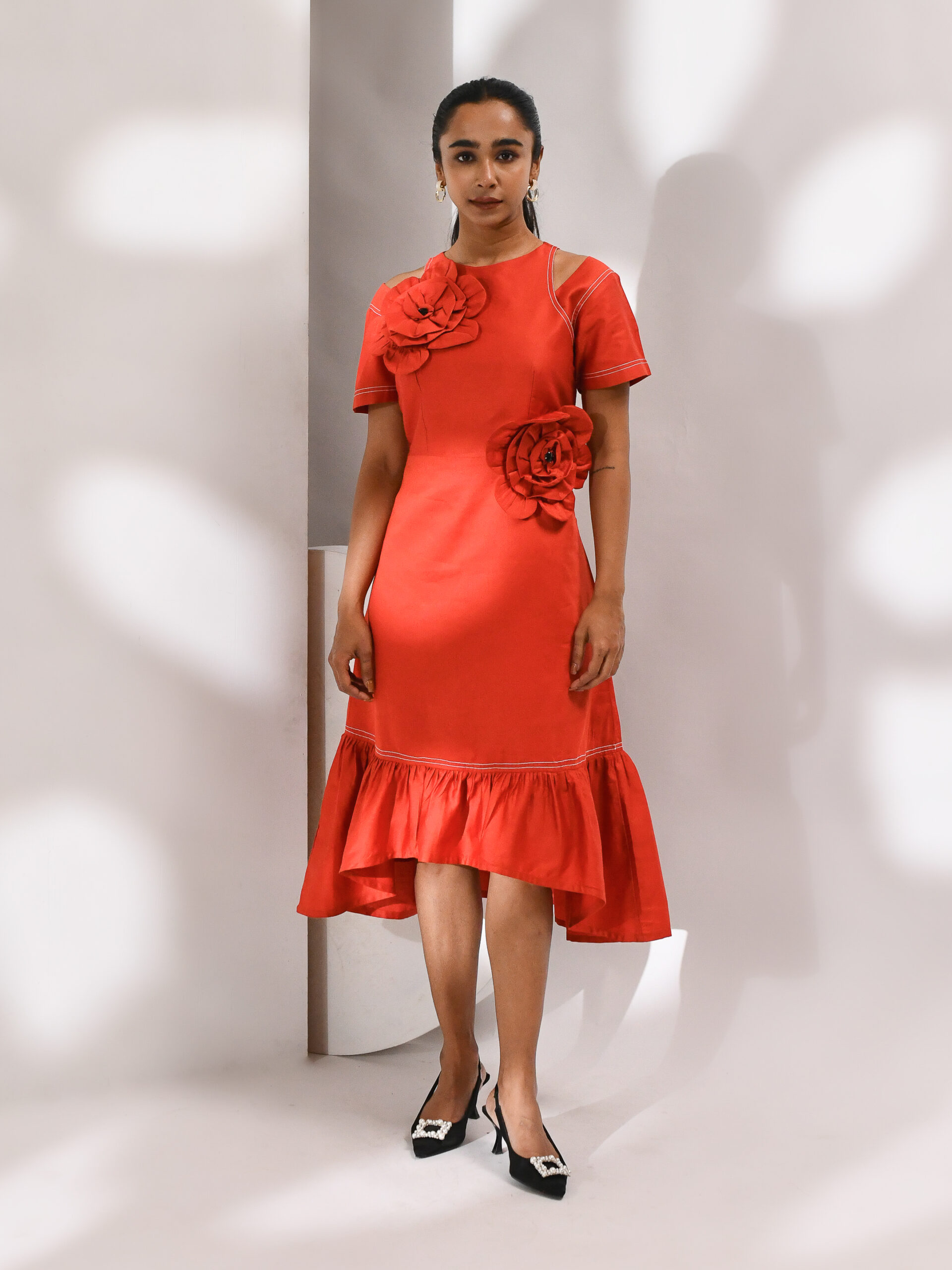 Tangerine orange asymmetric cotton dress with floral patchwork and shoulder cutouts – Golden Muslin