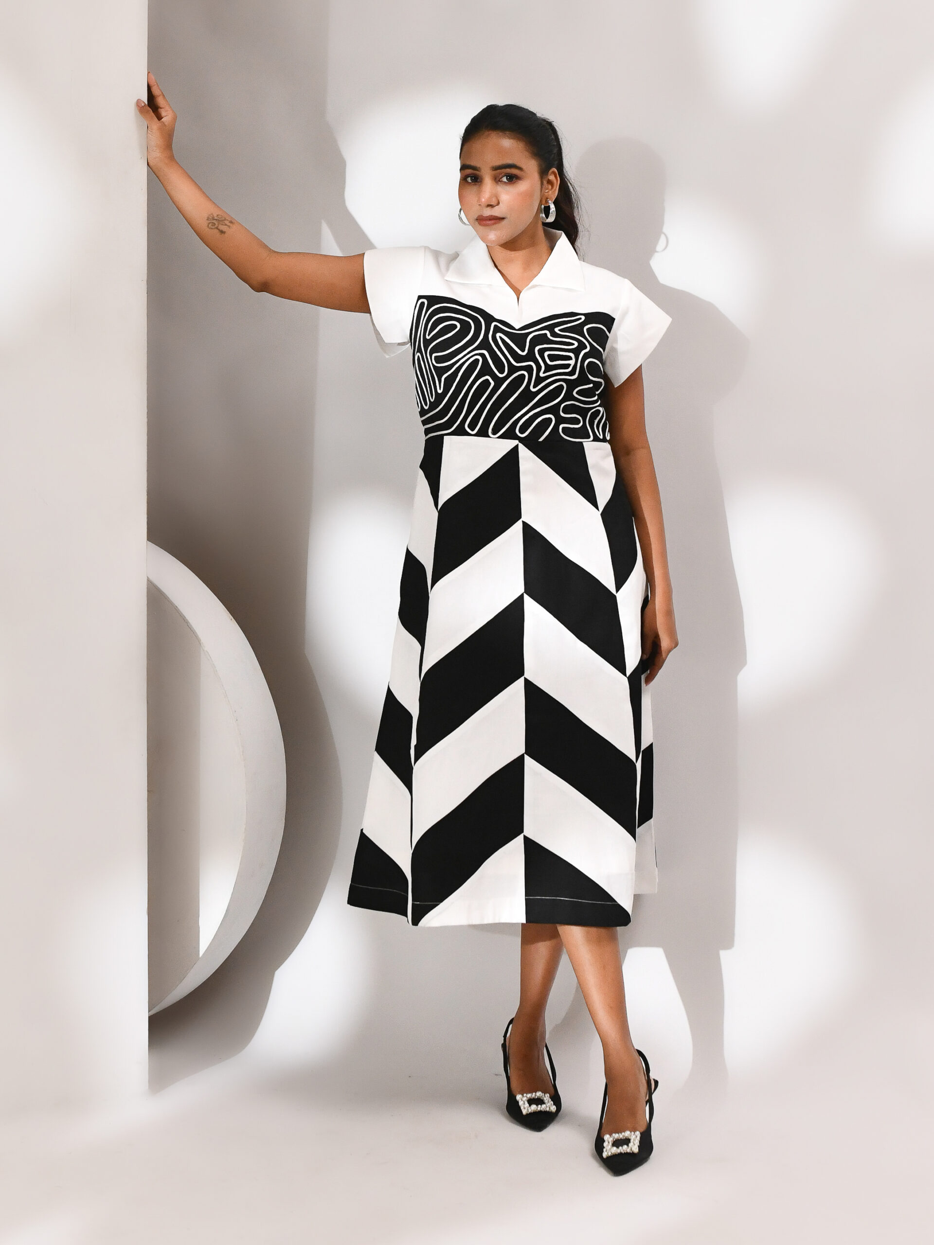 Golden Muslin off-white handloom cotton dress with black patti detailing