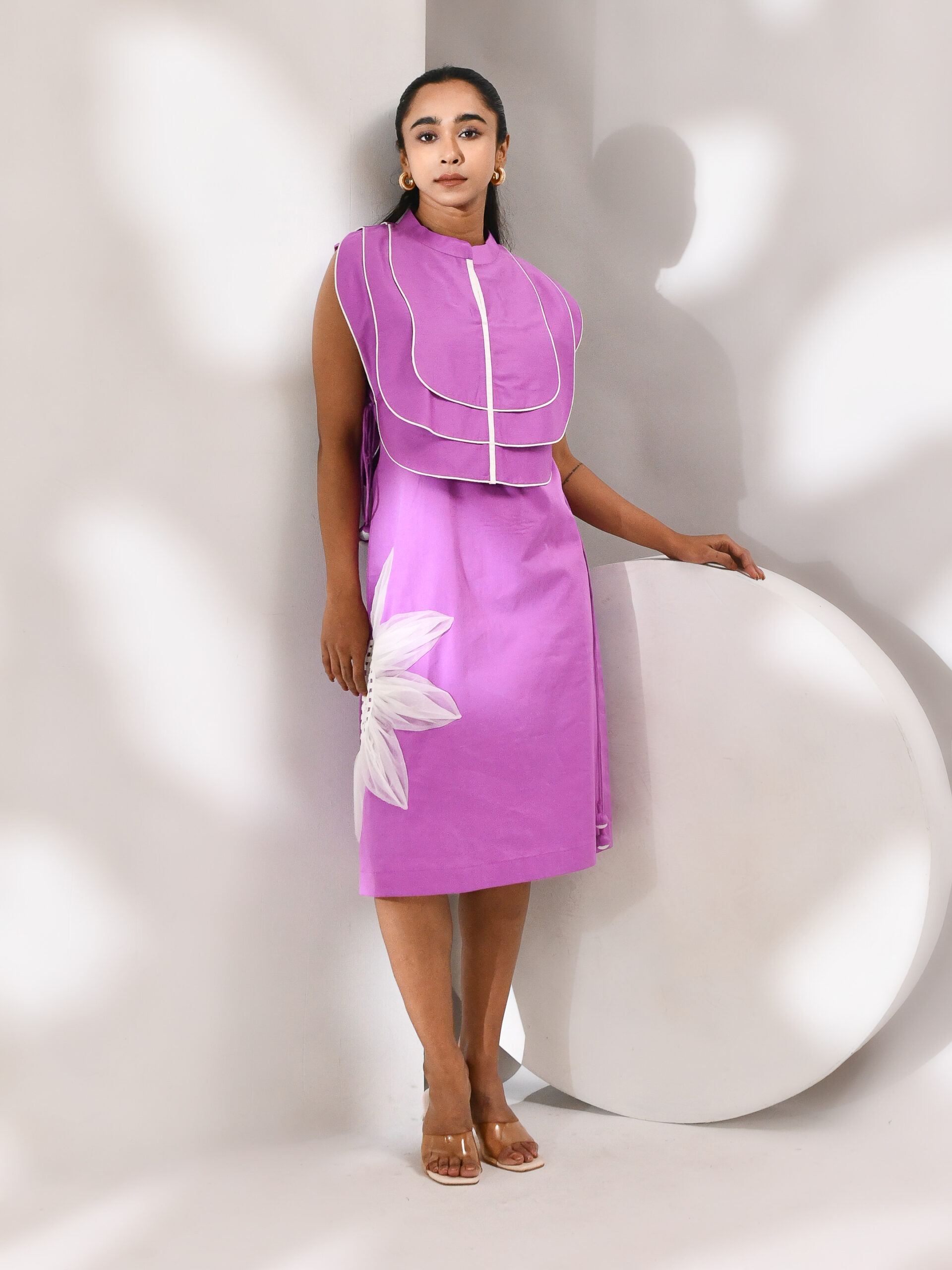 Purple and white cotton dress with sculptural overlay bib