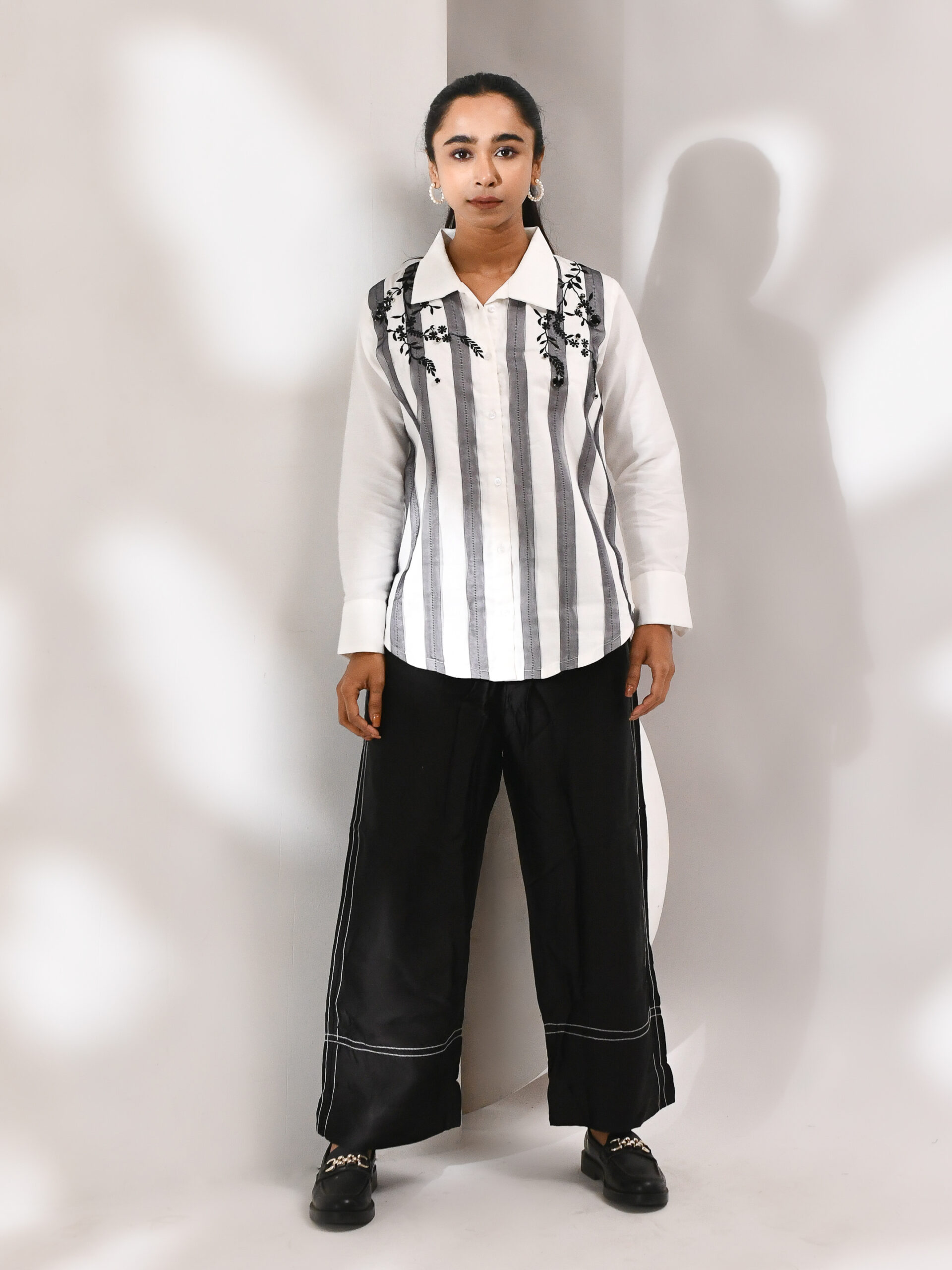 “Golden Muslin white cotton shirt with intricate embroidery