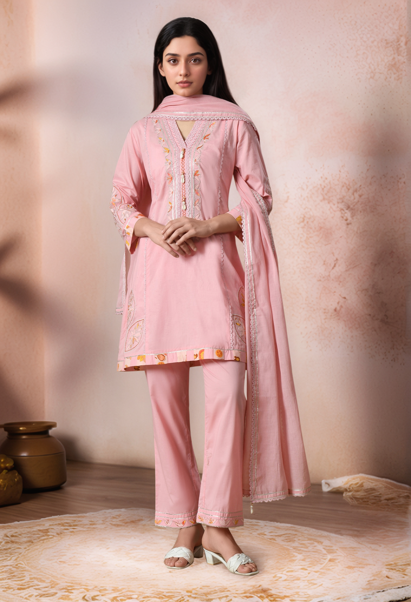 Golden Muslin pink cotton straight kurta with panel applique work and lace detailing on neckline, hem, and sleeves, paired with straight pants and organza dupatta.