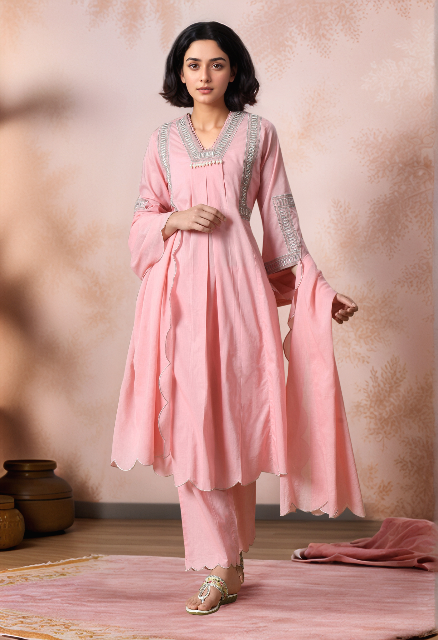 Golden Muslin pink cotton A-line kurta with inverted pleat, embroidered neckline and panels, bell sleeves, and scalloped hem, paired with straight pants and organza dupatta with scalloped edges.