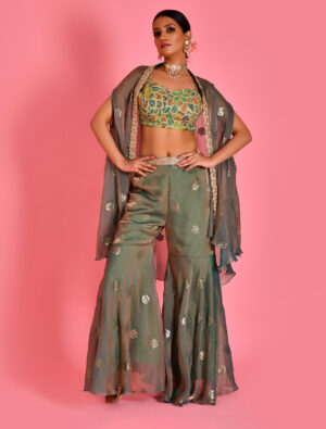 Olive Green Sequin Embellished Tissue Organza Palazzo Set with Cape