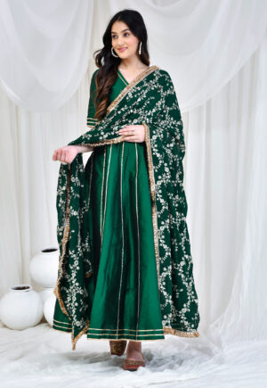 Emerald Green Taffeta Silk Anarkali Set with Embroidered Dupatta