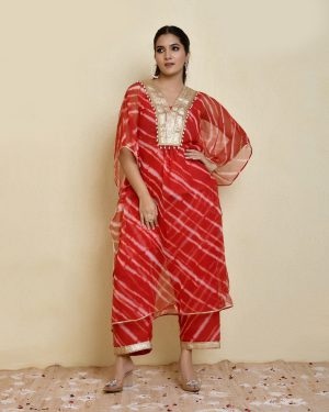 Red Georgette Leheriya Print Kaftan And Pant Set