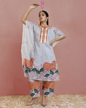 Grey Chanderi Pichwai Print Embellished Kaftan Set