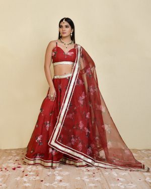 Maroon Printed Chanderi Lehenga Set